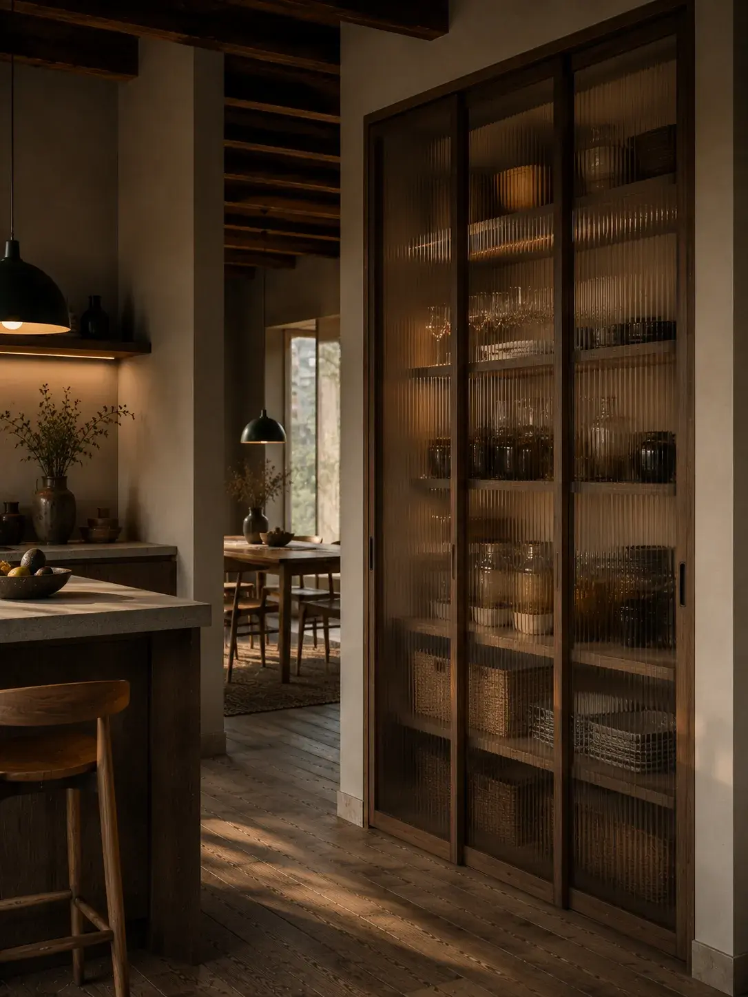 Cellier-cuisine avec portes coulissantes à barreaux nervurés et vue en enfilade vers salle à manger