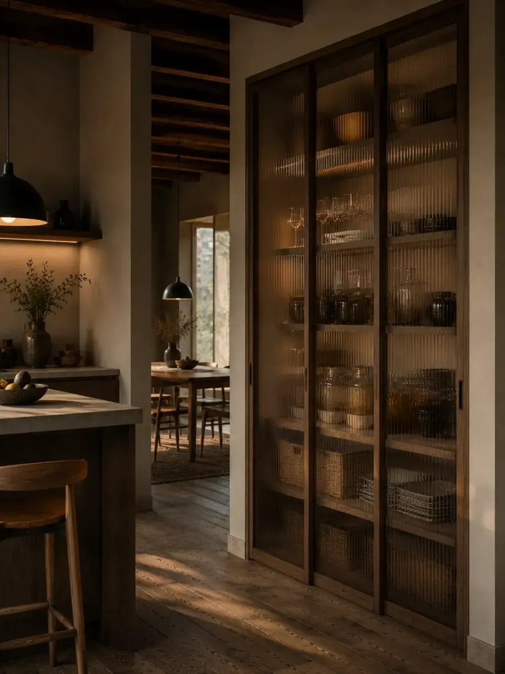 Cellier-cuisine avec portes coulissantes à barreaux nervurés et vue en enfilade vers salle à manger