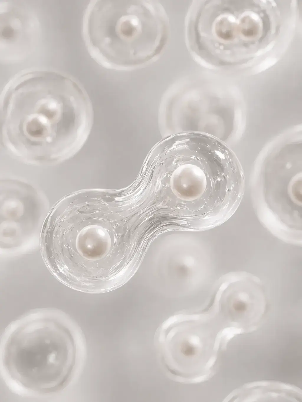 Cellules translucides biomorphiques renfermant des perles, art bio-conceptuel nacré en gros plan