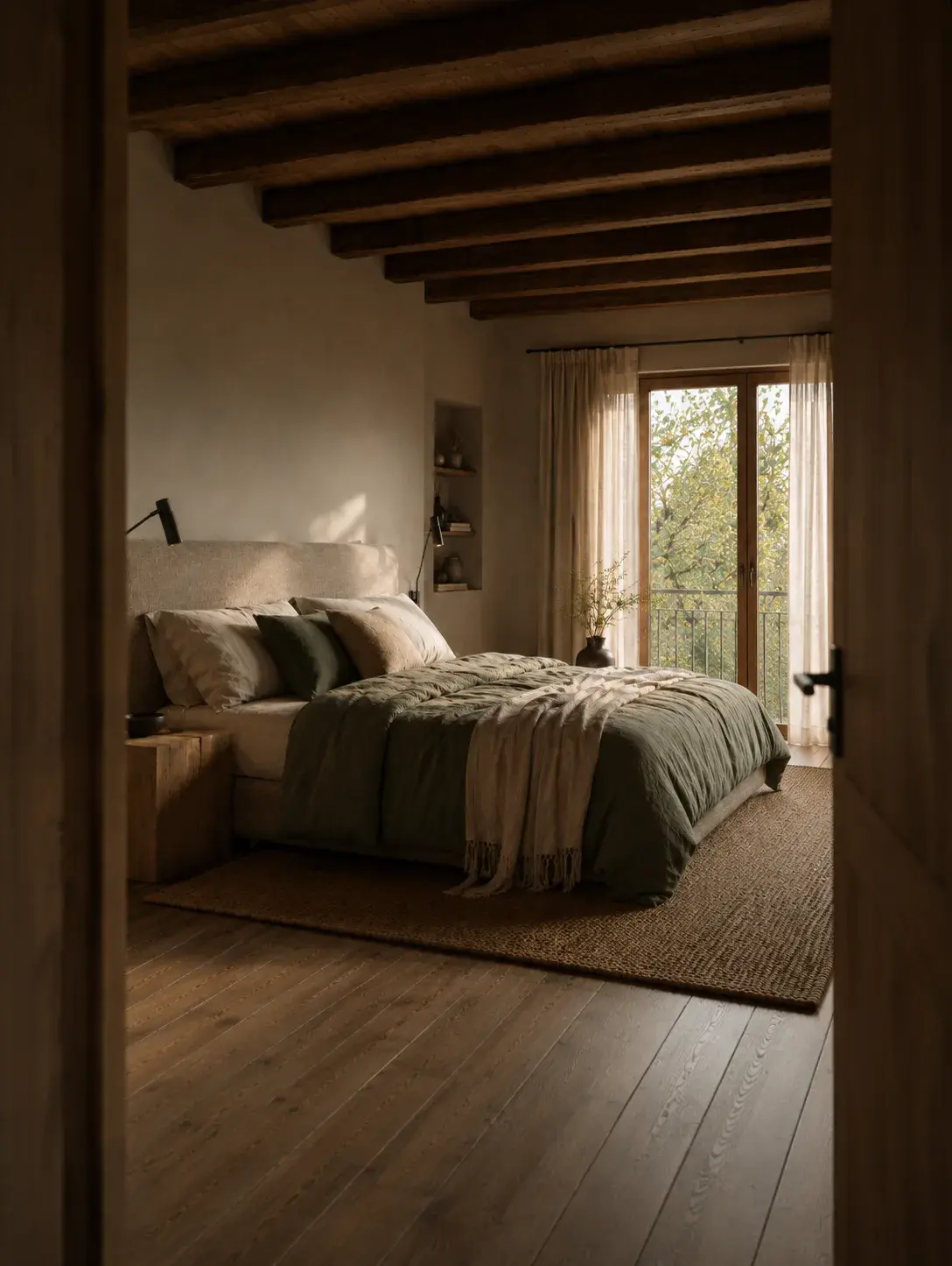 Chambre aux tons naturels avec linge lit en lin beige et vert, lumière douce filtrée par la fenêtre