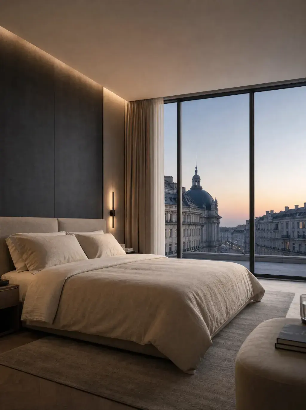 Chambre de prestige avec lit king-size et baie vitrée offrant une vue sur un dôme historique au crépuscule