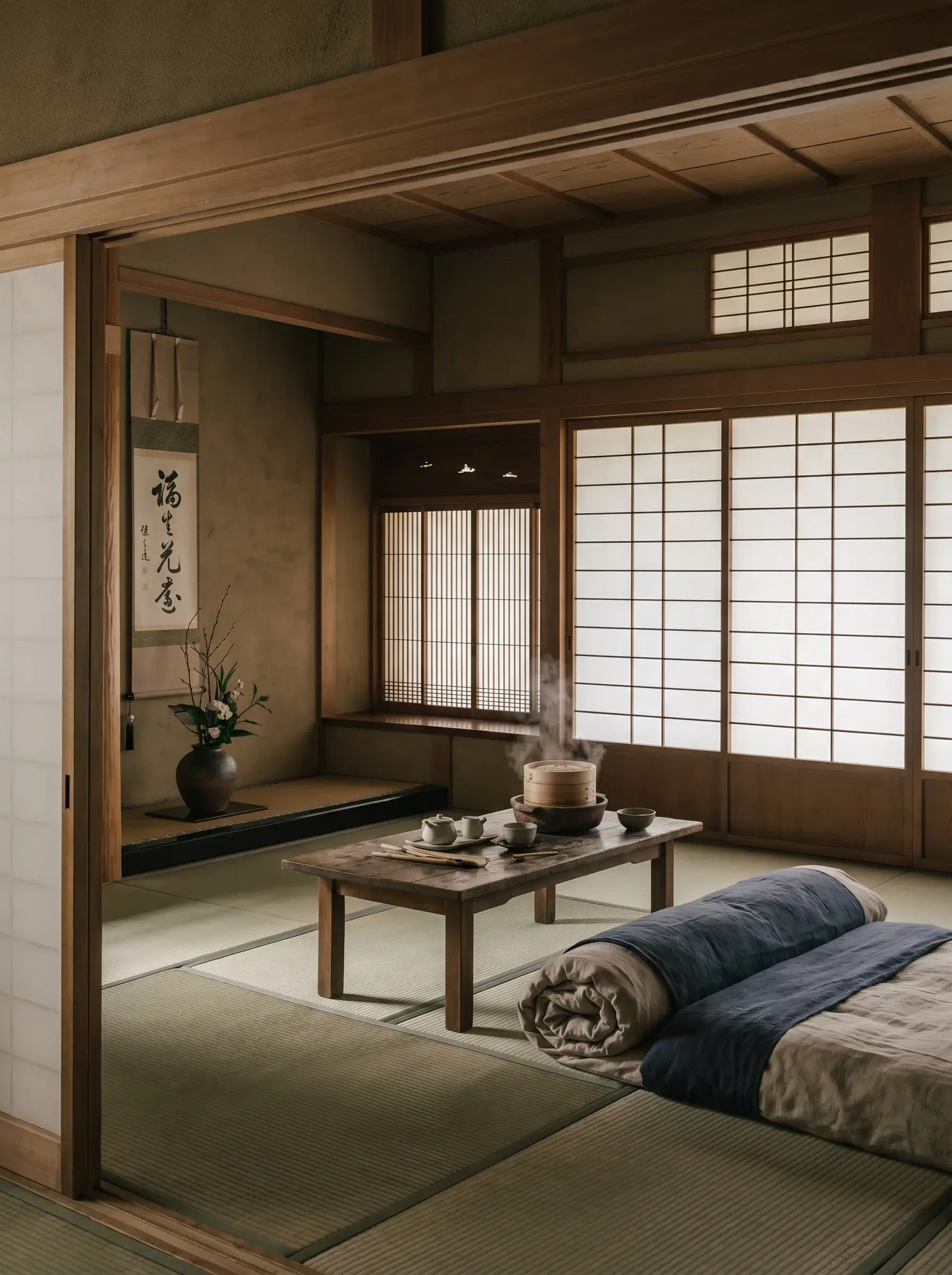 Chambre de ryokan japonais avec tatamis, futon, alcôve ikebana et calligraphie, table basse avec service à thé fumant
