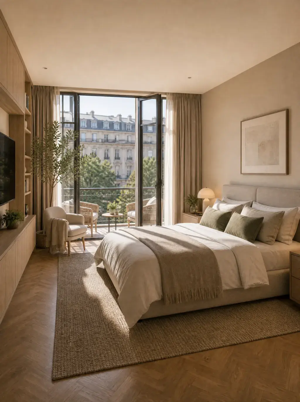 Chambre élégante avec lit en lin vert, parquet en chevrons et balcon donnant sur immeubles haussmanniens