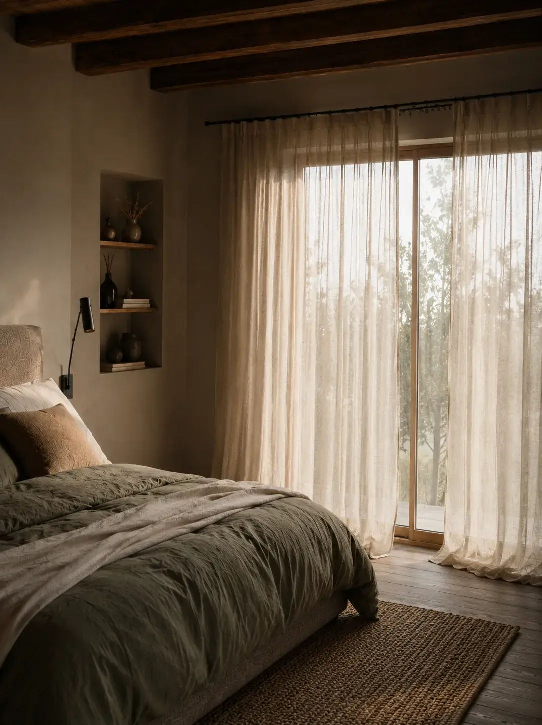 Chambre ensoleillée avec grands voilages blancs, lit en lin, tapis jonc et niches-étagères en mur de pisé