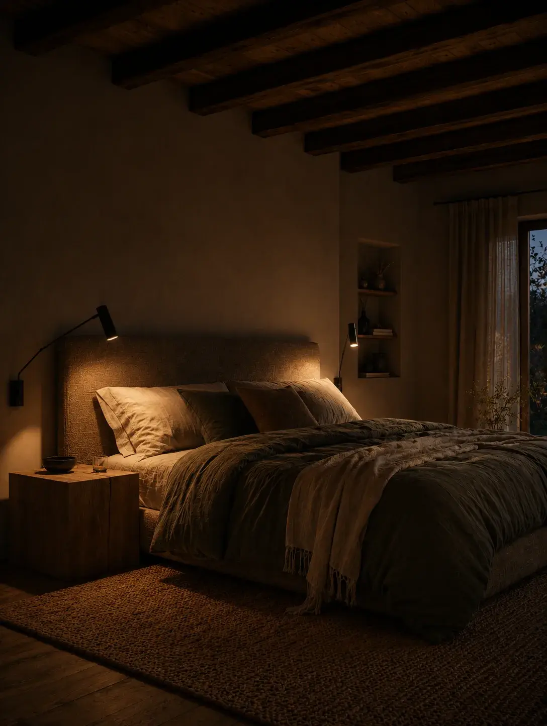 Chambre rustique chic nocturne avec lit en lin vert olive, poutrelles bois et lampes murales noires orientables