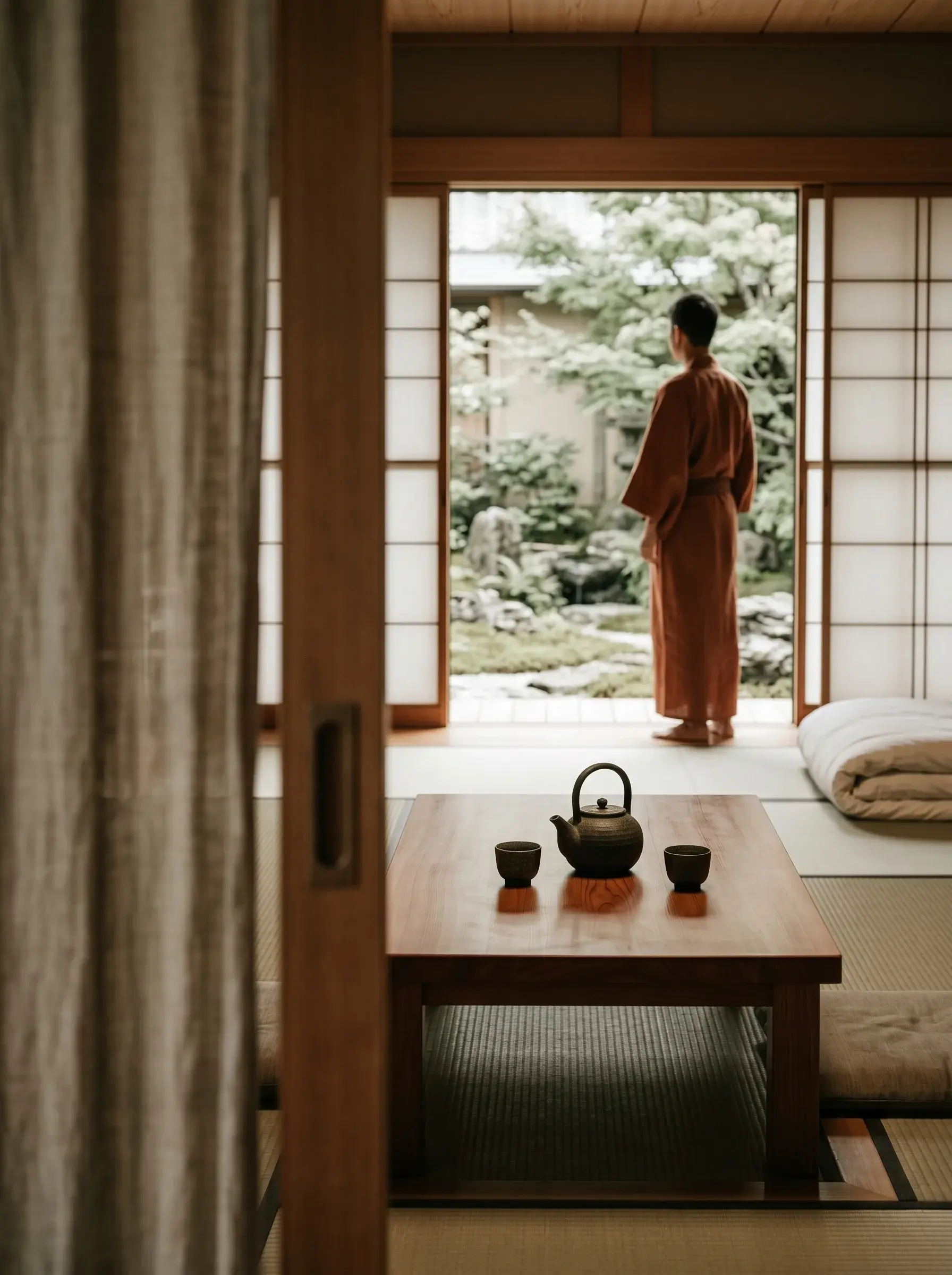 Chambre ryokan japonais – théière en fonte sur table basse, personne de dos, jardin zen enneigé