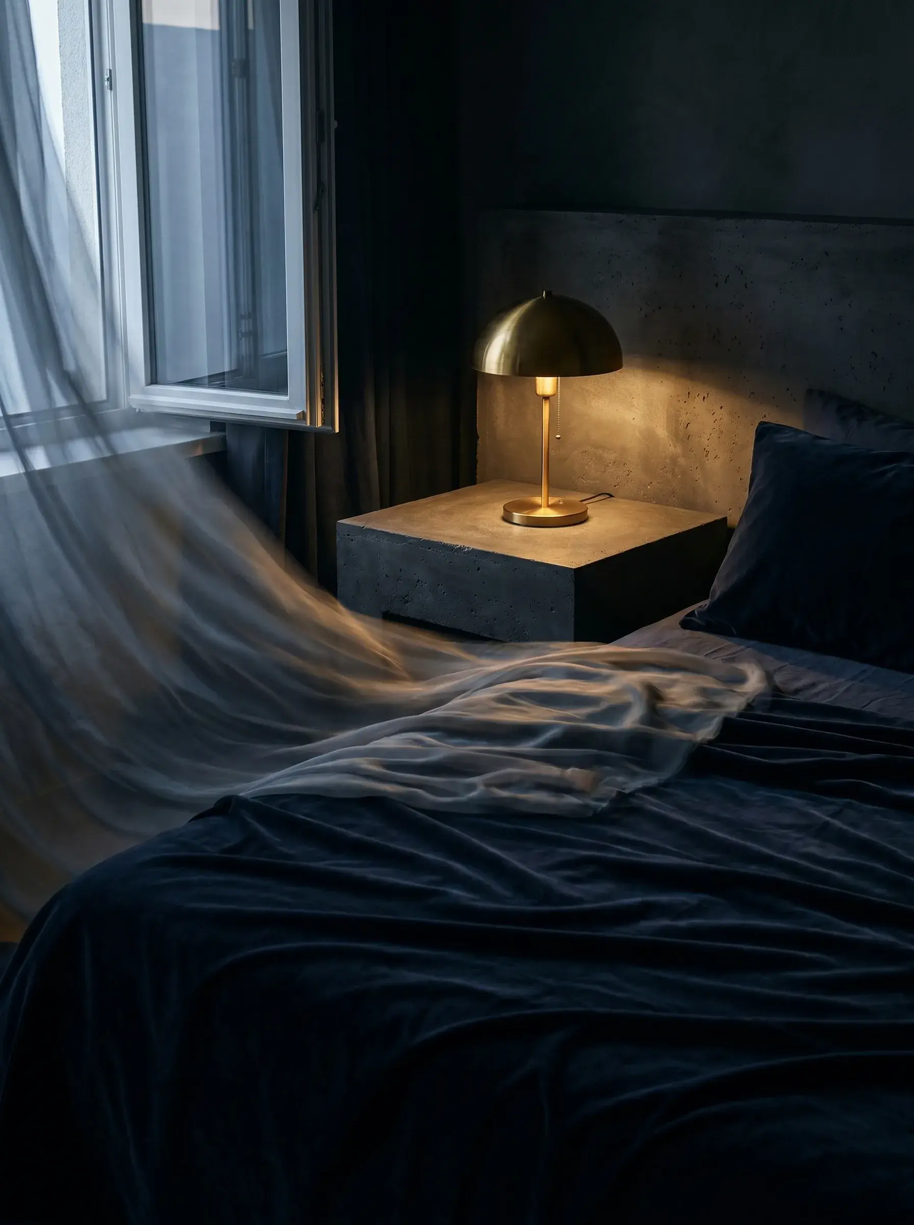 Chambre sombre élégante – lit velours bleu marine, voile flottant, lampe laiton, table de nuit béton