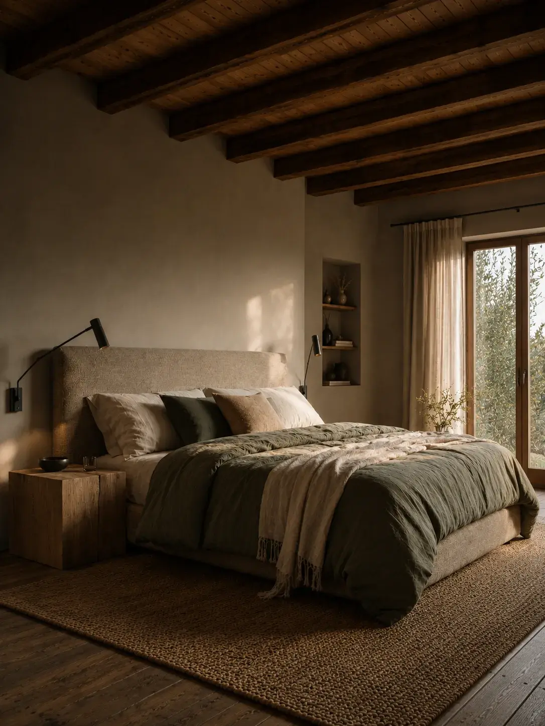 Chambre vue d'ensemble avec lit lin vert olive, poutrelles bois, table de nuit bois brut et tapis jute