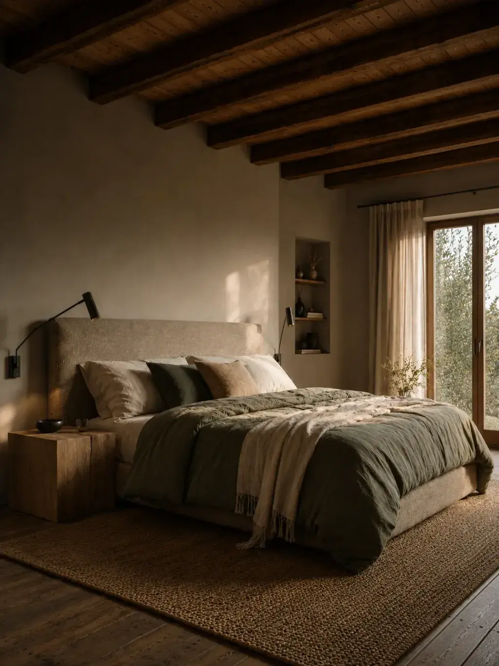 Chambre vue d'ensemble avec lit lin vert olive, poutrelles bois, table de nuit bois brut et tapis jute