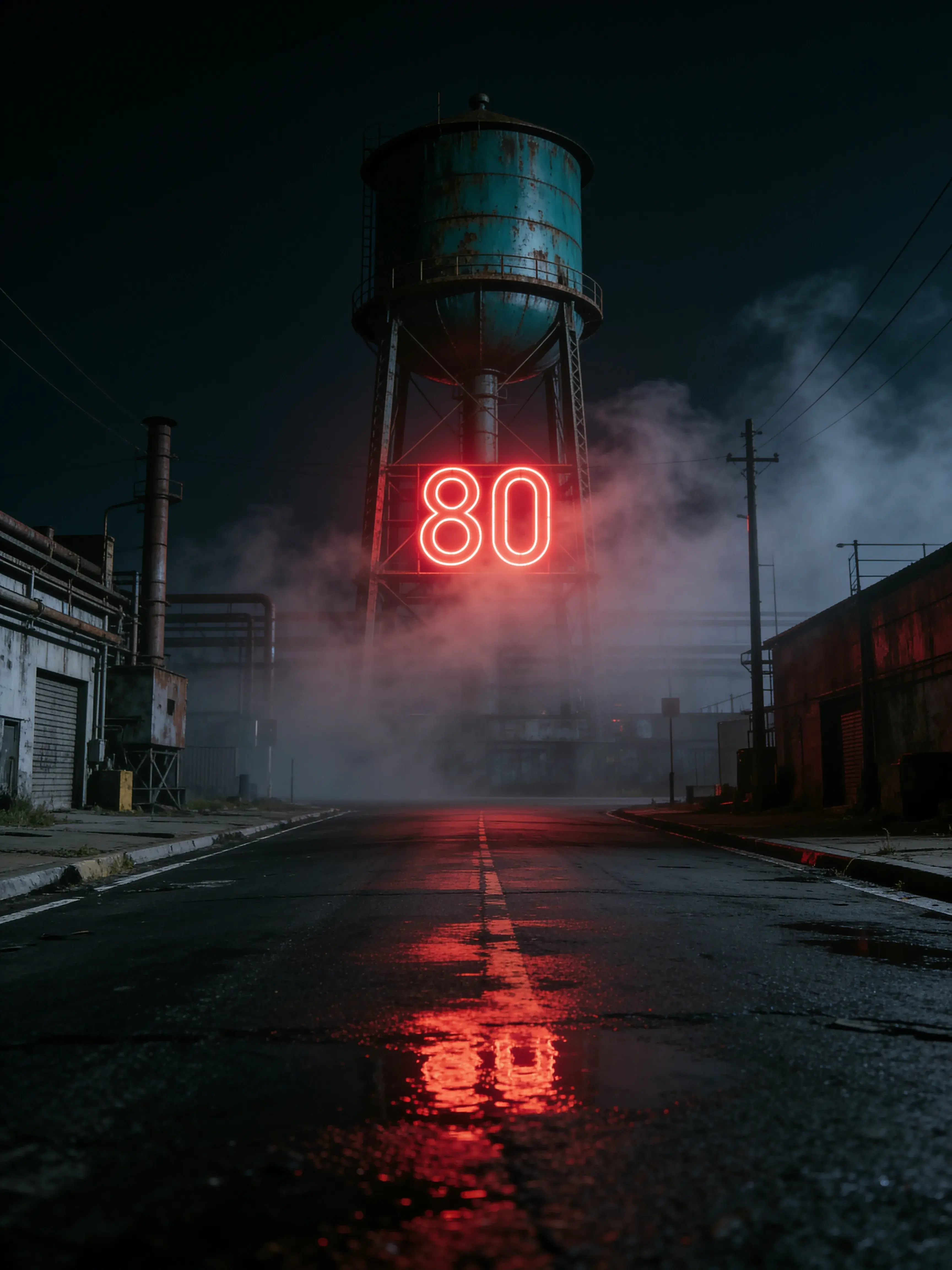 Château d'eau rouillé avec néon rouge géant 80 dans une rue industrielle nocturne humide