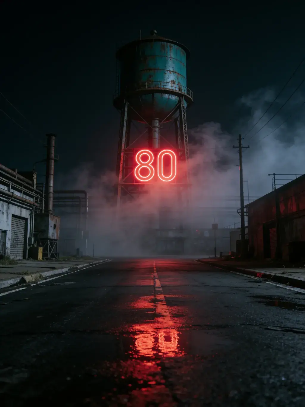 Château d'eau rouillé avec néon rouge géant 80 dans une rue industrielle nocturne humide