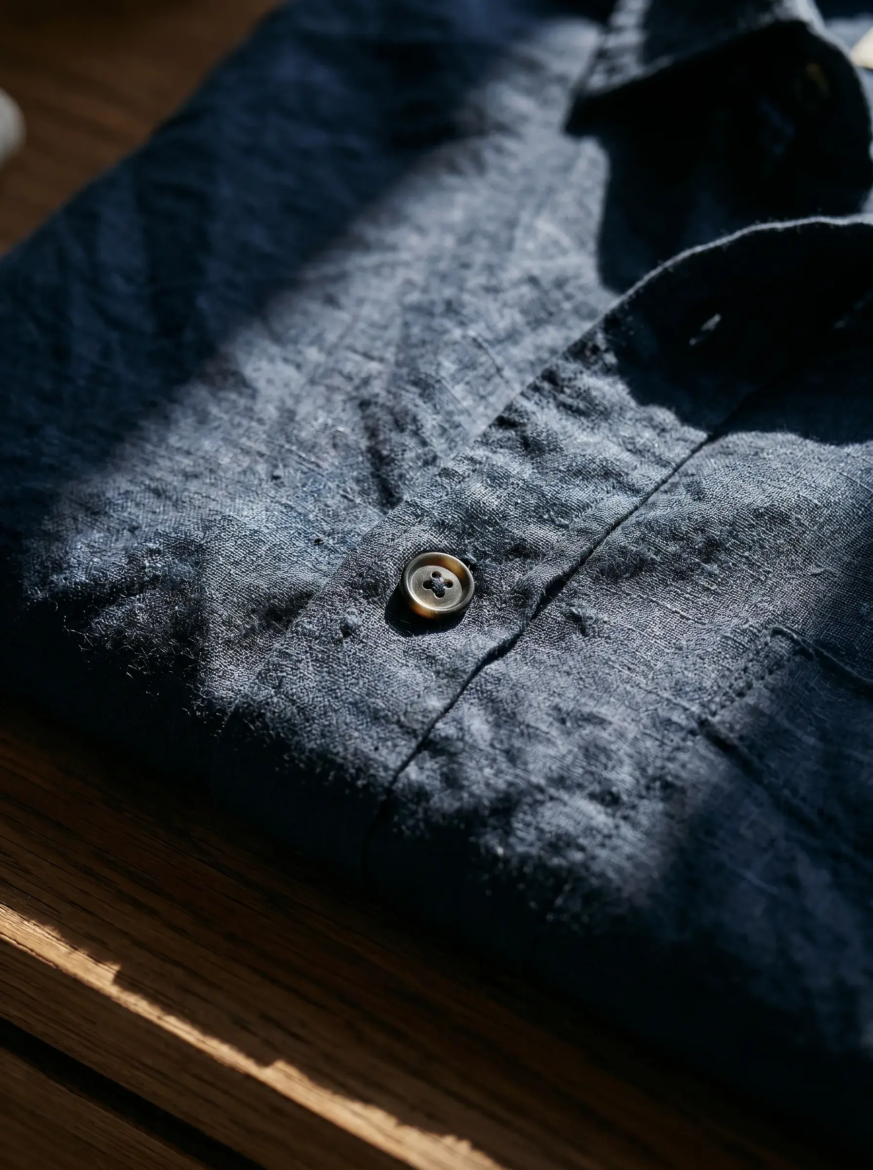 Chemise en lin marine pliée sur surface en bois avec détail de bouton