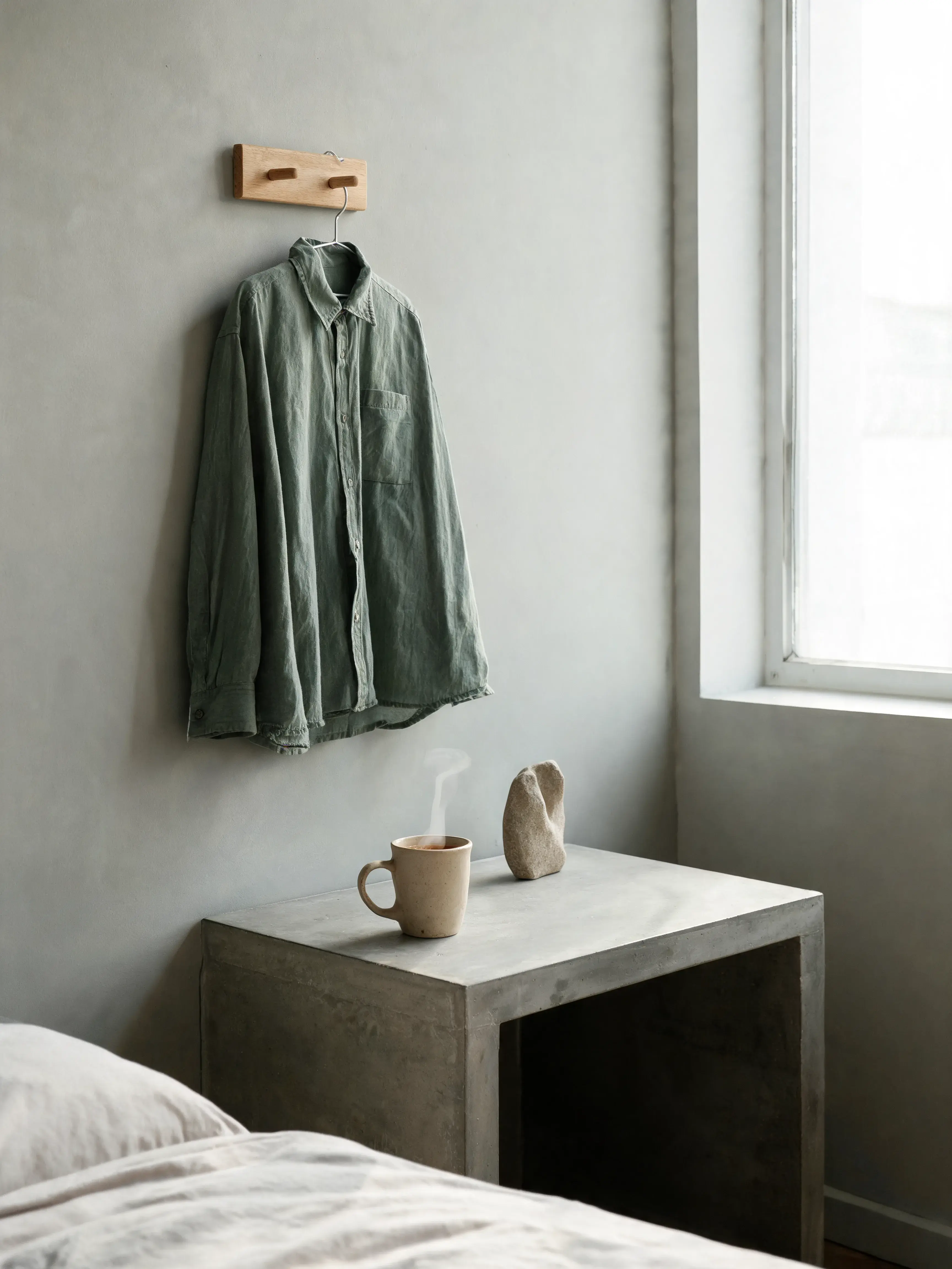 Chemise verte sur porte-manteau chambre minimaliste