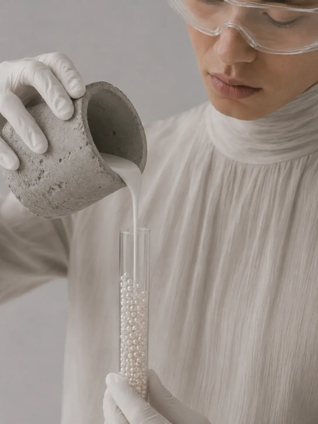 Chercheuse en blouse blanche versant des perles d'un pot en béton dans un tube de verre
