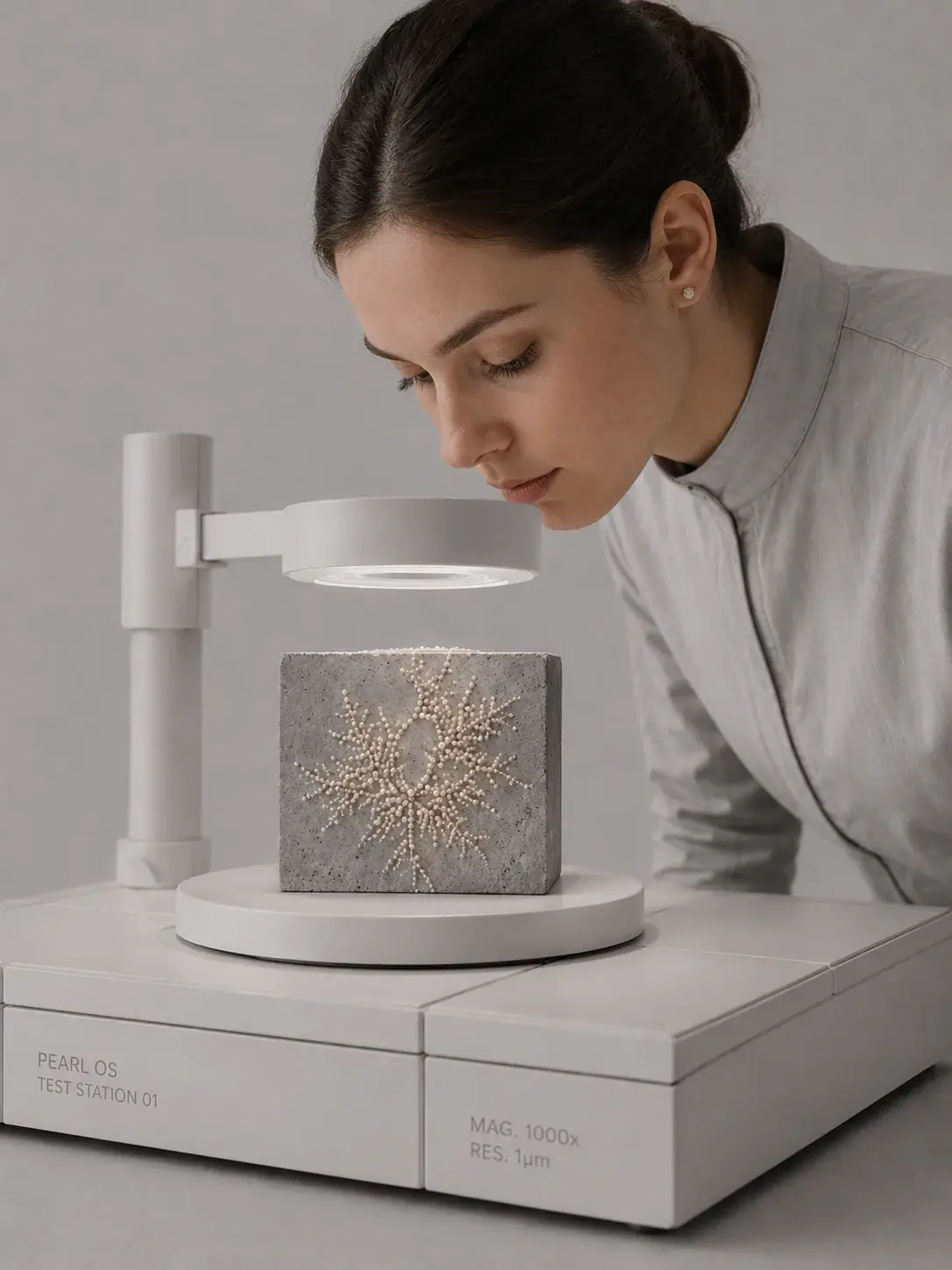 Chercheuse examinant à la loupe une sculpture nacrée sur plateau rotatif de laboratoire