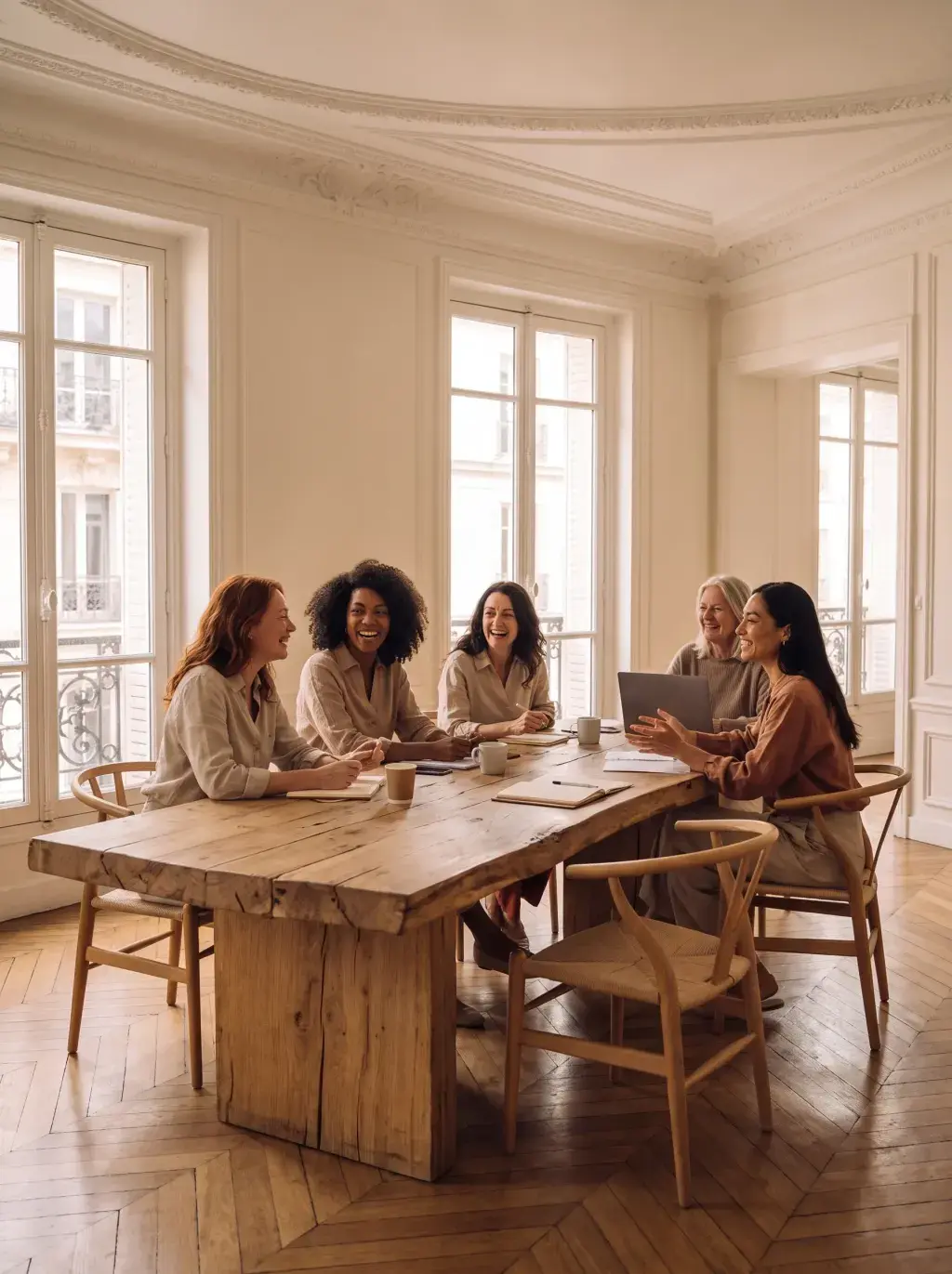 Cinq femmes en réunion conviviale autour d'une table brute dans un appartement haussmannien