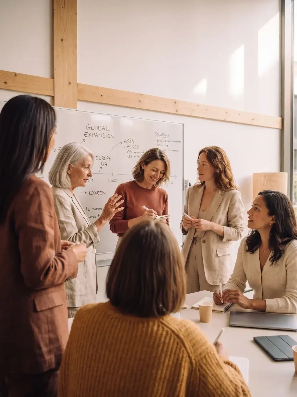 Cinq femmes en réunion stratégique autour d'un tableau Global Expansion dans un bureau
