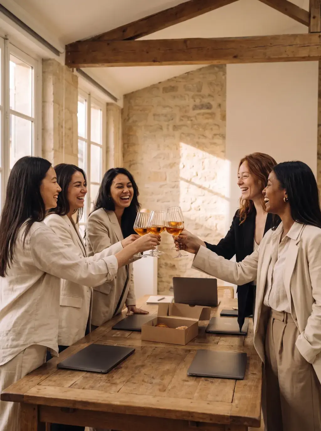 Cinq femmes professionnelles portant un toast au vin rosé dans un atelier