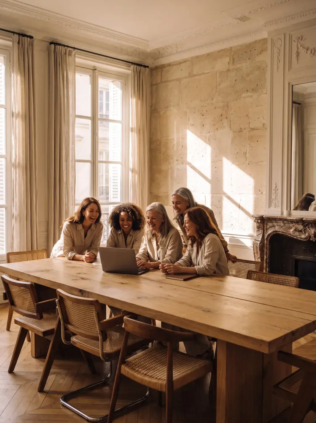Cinq femmes réunies autour d'un laptop dans un appartement haussmannien