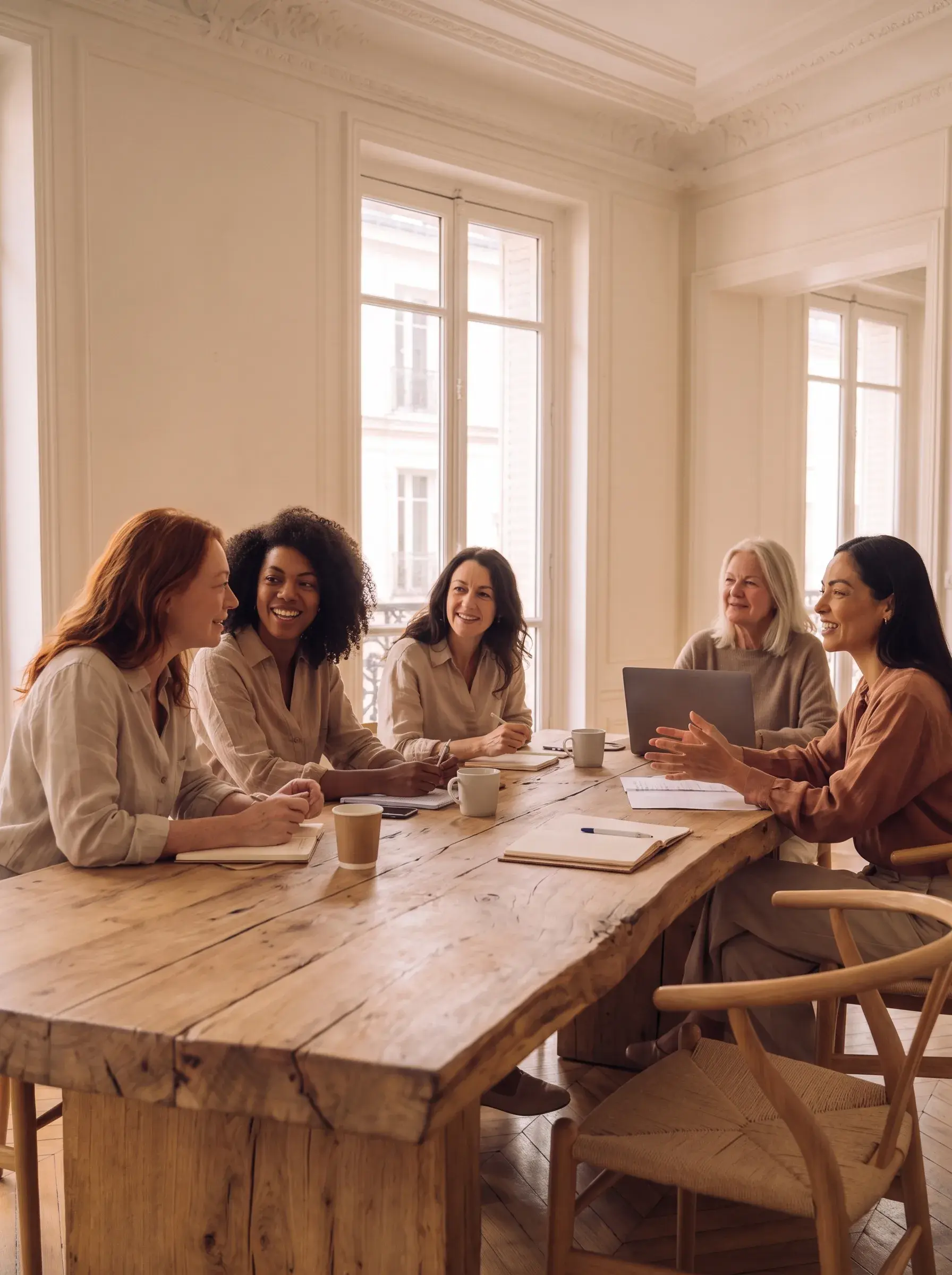 Cinq femmes souriantes en réunion dans un appartement haussmannien lumineux avec tablette