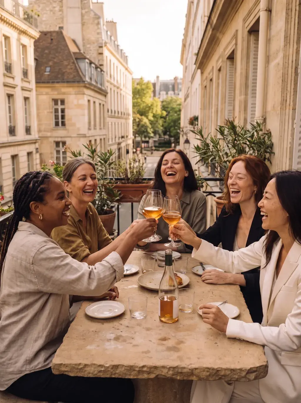 Cinq femmes trinquant avec du vin en terrasse parisienne sous les bâtiments haussmanniens