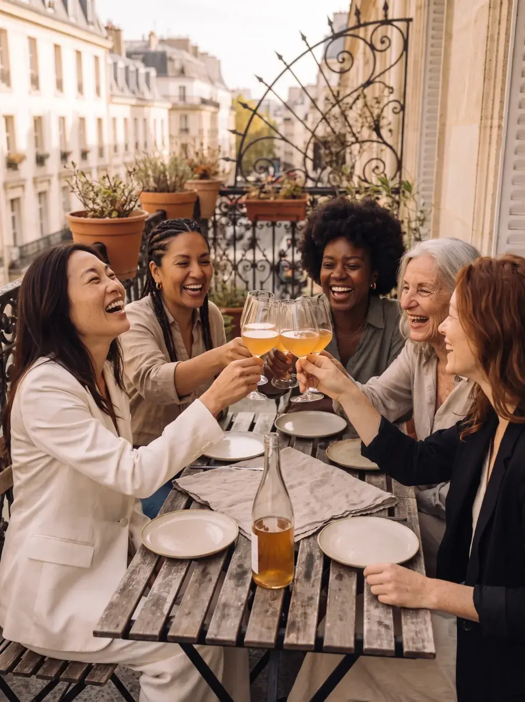 Cinq femmes trinquant en riant sur un balcon parisien avec vue sur les toits