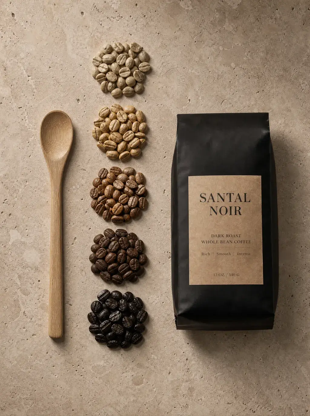 Cinq niveaux de torréfaction en tas de grains – du vert cru au très foncé, cuillère bois, sachet artisanal