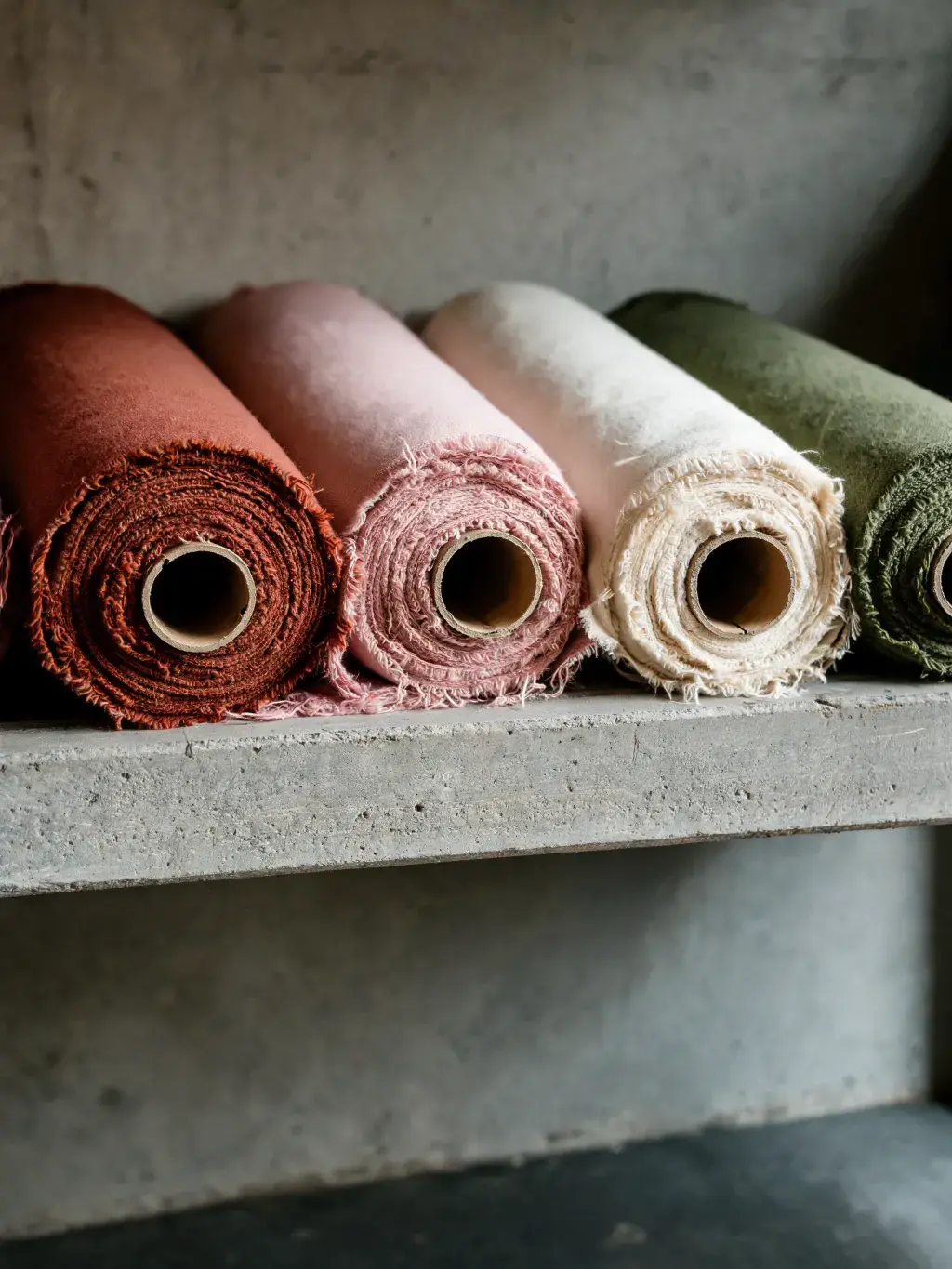 Cinq rouleaux tissu tons naturels alignés – terracotta rose crème vert, étagère béton, atelier sombre