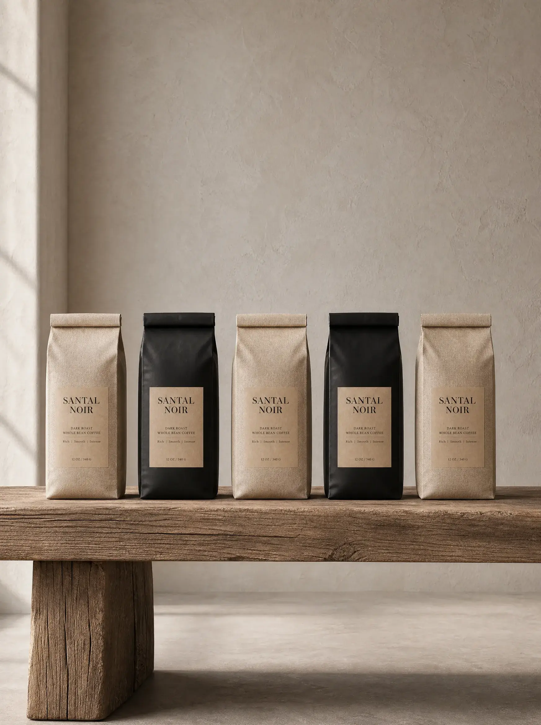 Cinq sachets café artisanal alignés – kraft et noir, banc bois rustique, mur beige, lumière latérale