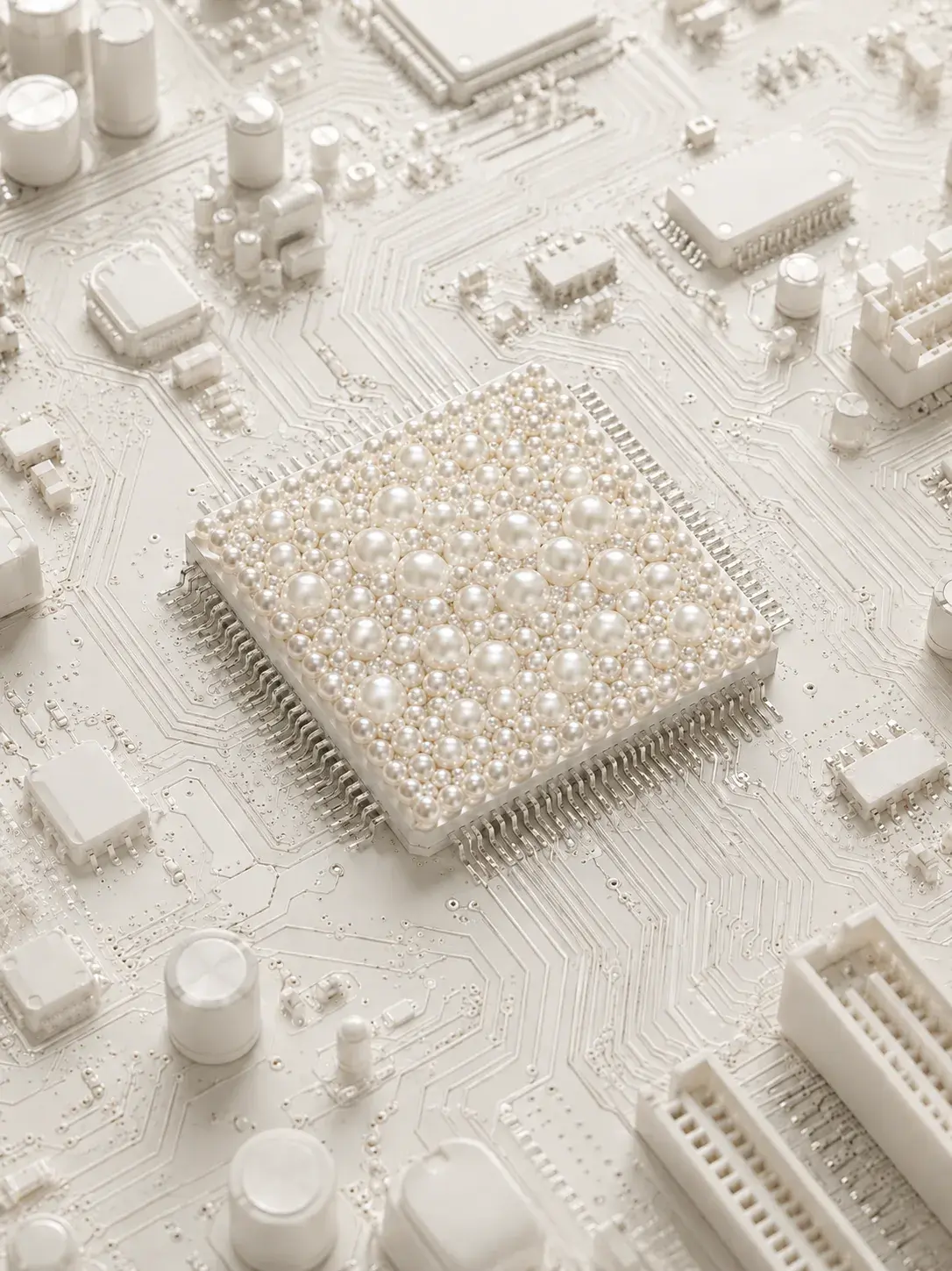 Circuit imprimé blanc vue plongeante avec processeur carré recouvert de perles de tailles variées en accumulation
