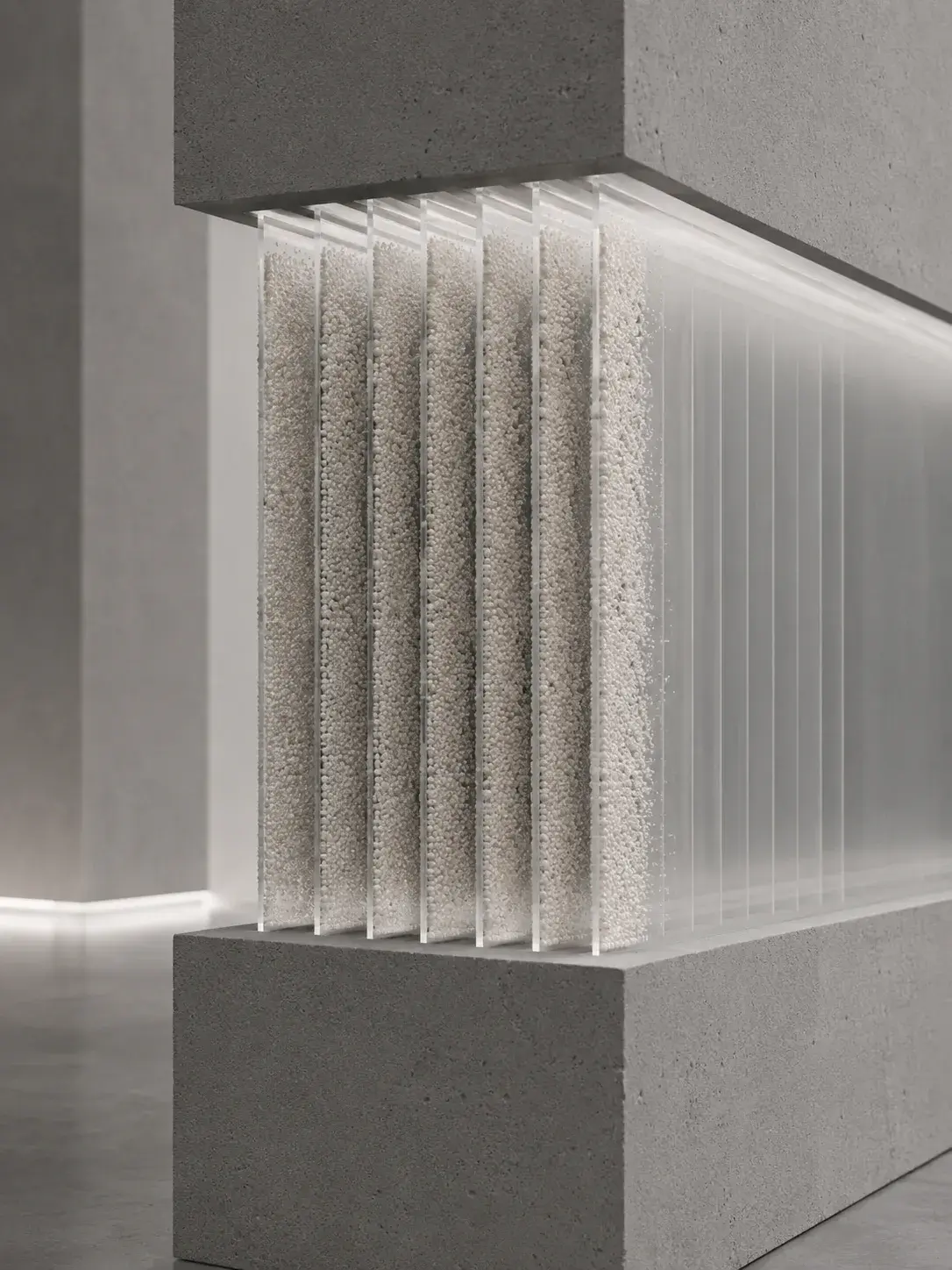 Cloison architecturale de panneaux en verre feuilletés de micro-perles entre masses de béton