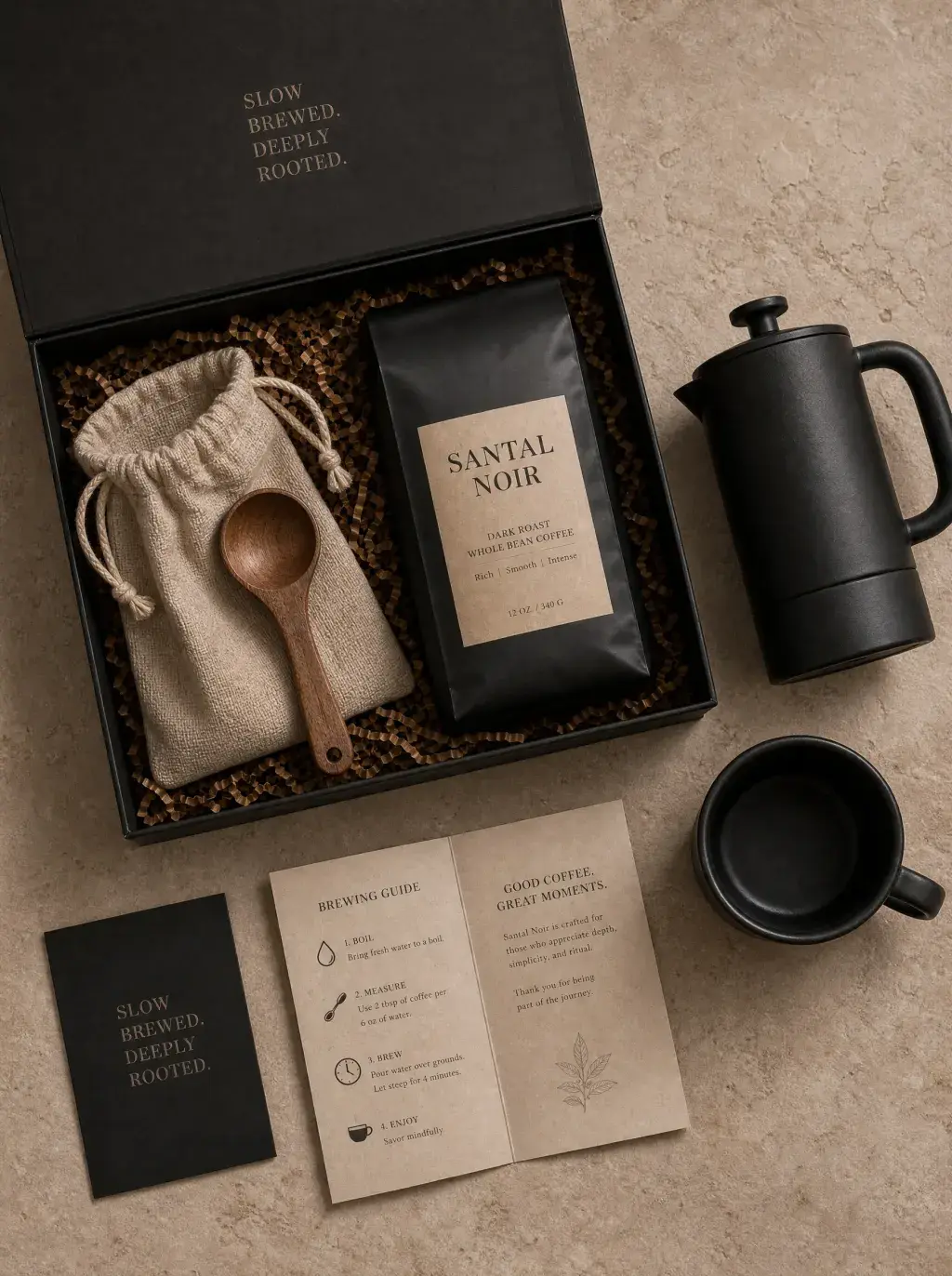 Coffret cadeau café étalé – sachet artisanal noir, pochon lin, cuillère bois, guide préparation
