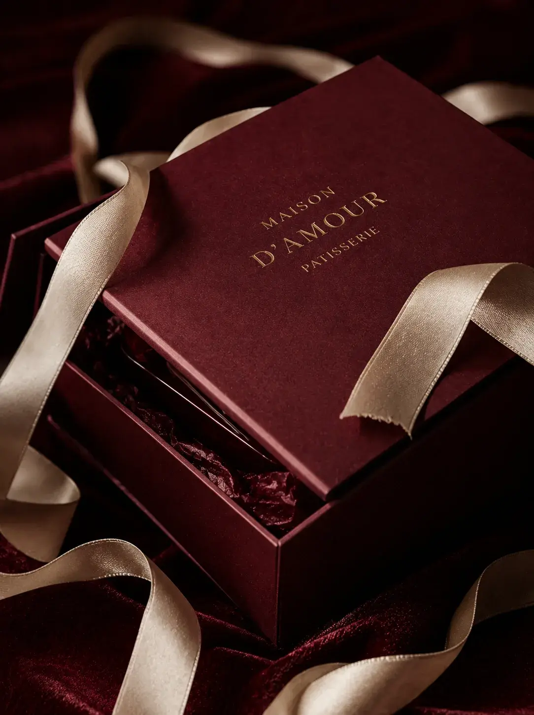 Coffret cadeau pâtisserie bordeaux inscription dorée – ruban satiné champagne, velours, fond sombre