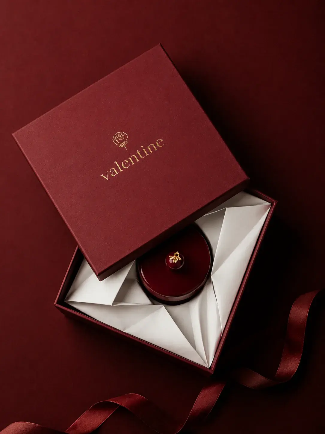 Coffret cadeau pâtisserie bordeaux ouvert – entremets glaçage rouge, papier plissé, ruban satin