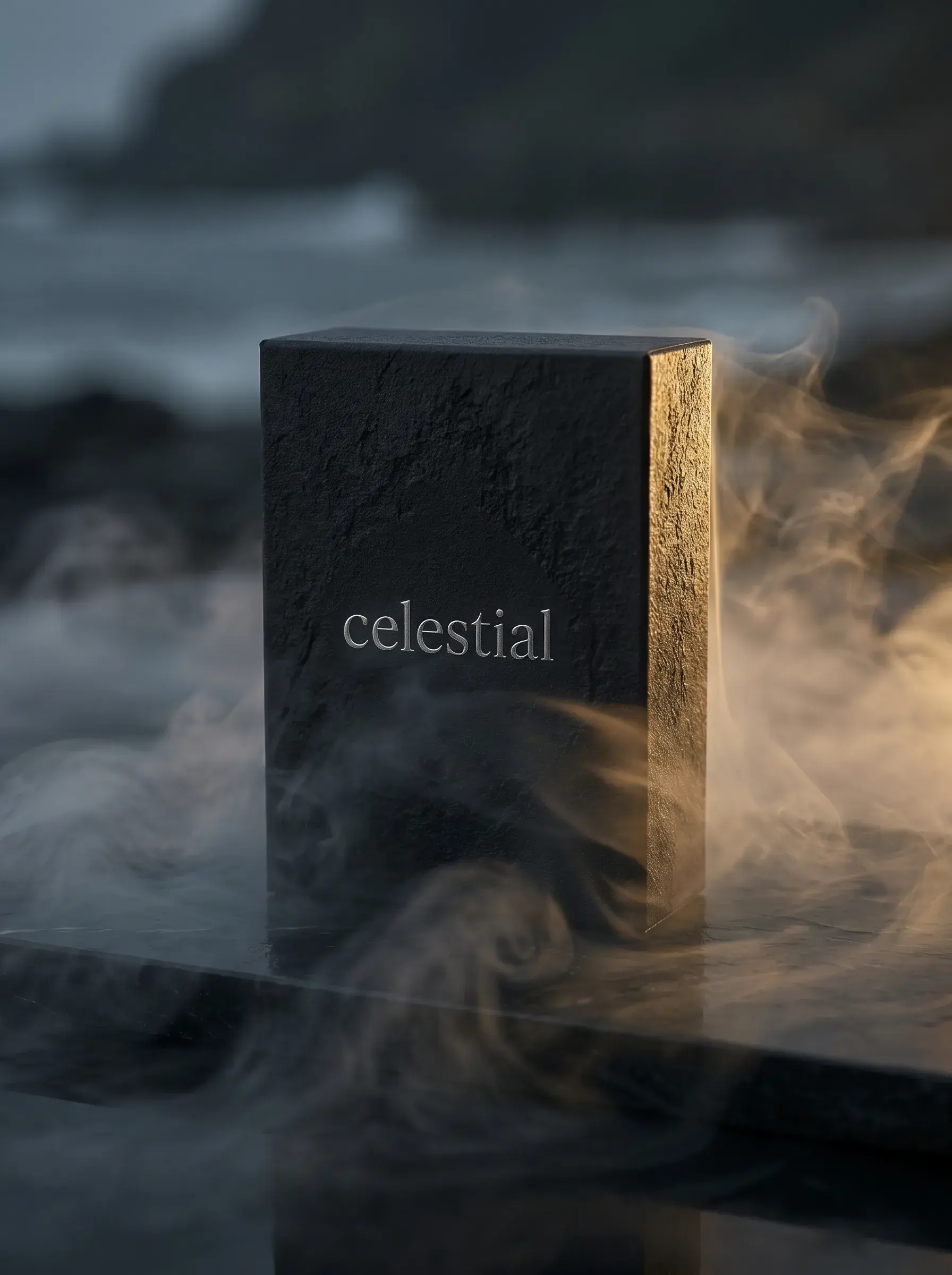 Coffret parfum noir et métal brossé sur roche volcanique – brume, vagues, ciel gris sombre