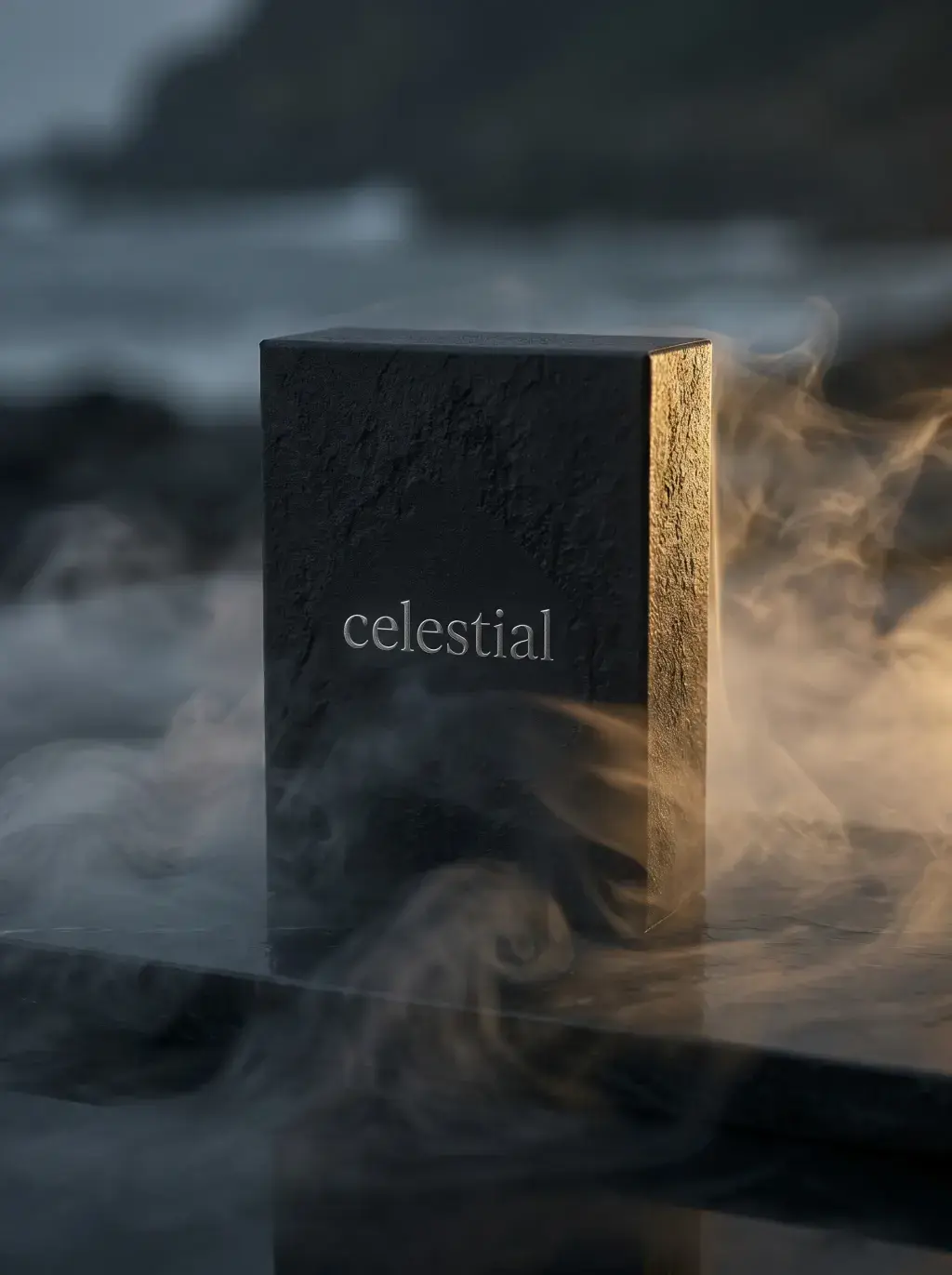 Coffret parfum noir et métal brossé sur roche volcanique – brume, vagues, ciel gris sombre