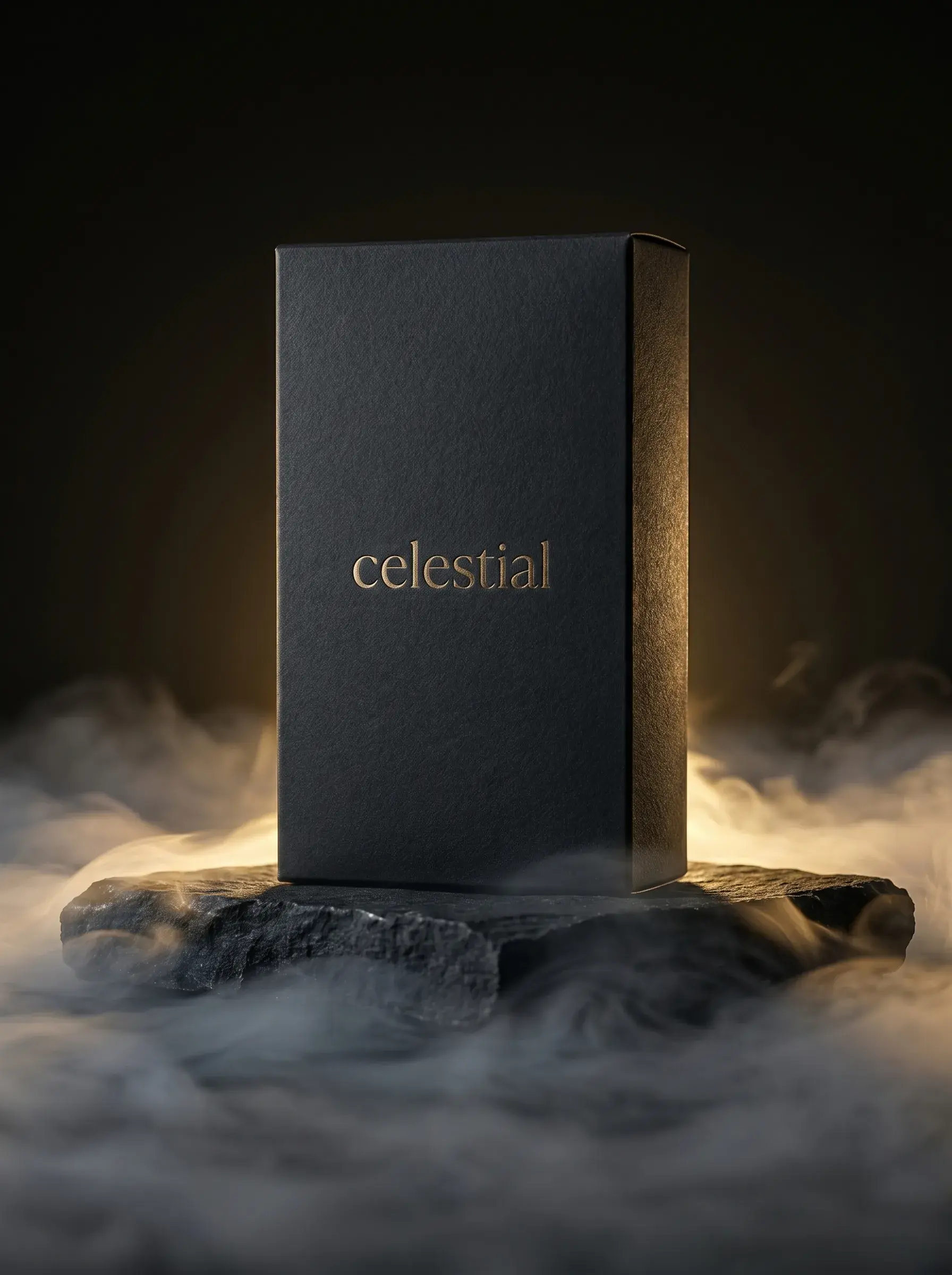 Coffret parfum noir sur roche – brume dense, spot zénithal blanc, fond très sombre