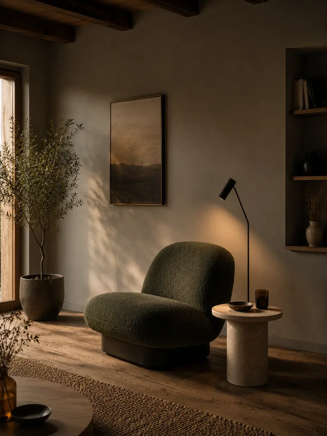 Coin lecture avec fauteuil arrondi en bouclé vert foncé, lampadaire noir et tableau paysage abstrait