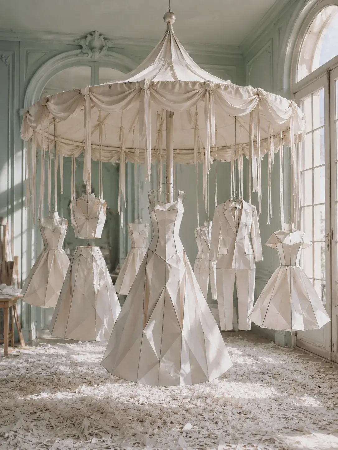 Collection de robes et vestes origami suspendues à un carrousel – salon mint et sol de pétales