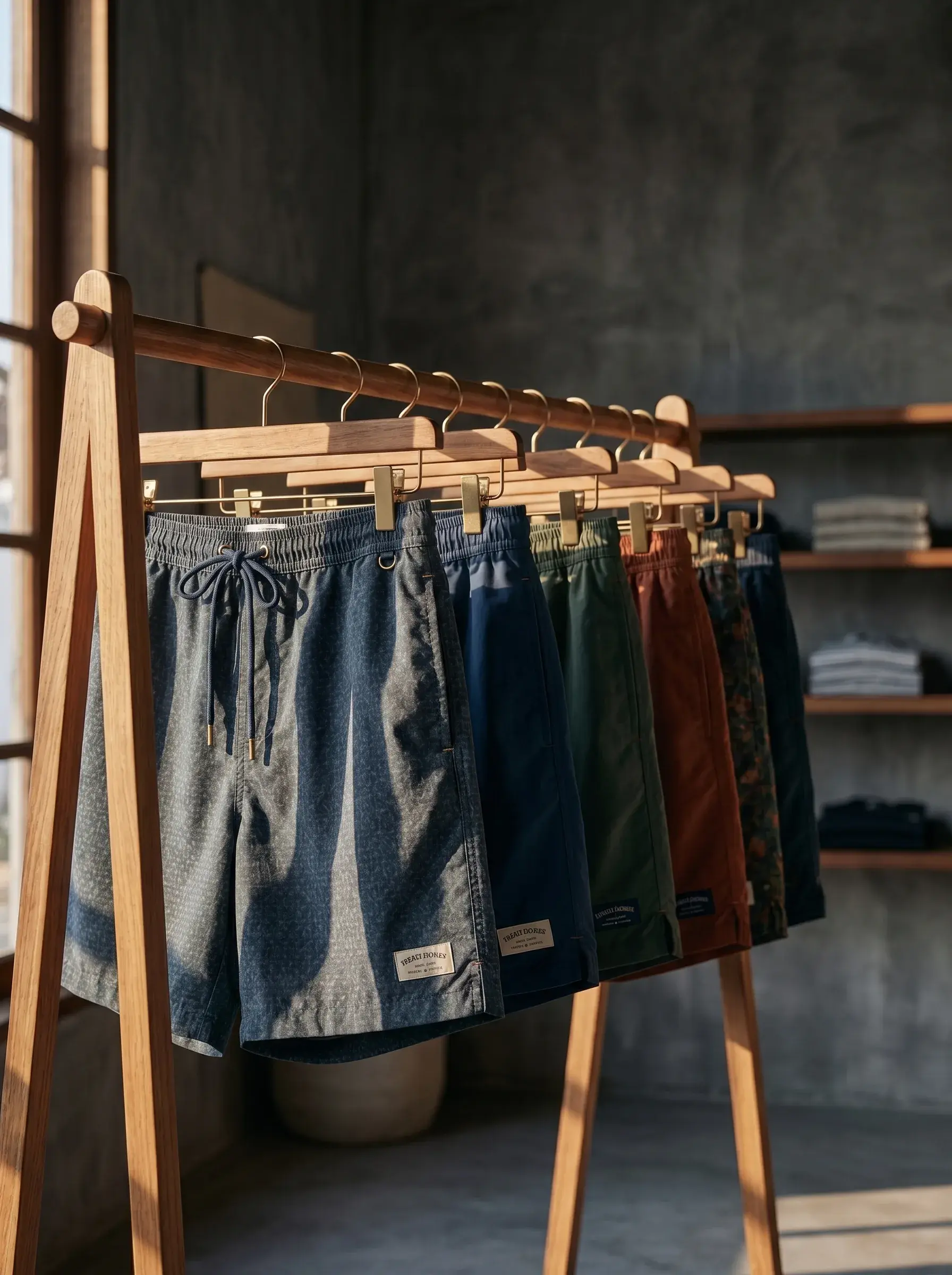 Collection de shorts de bain colorés sur portant en bois