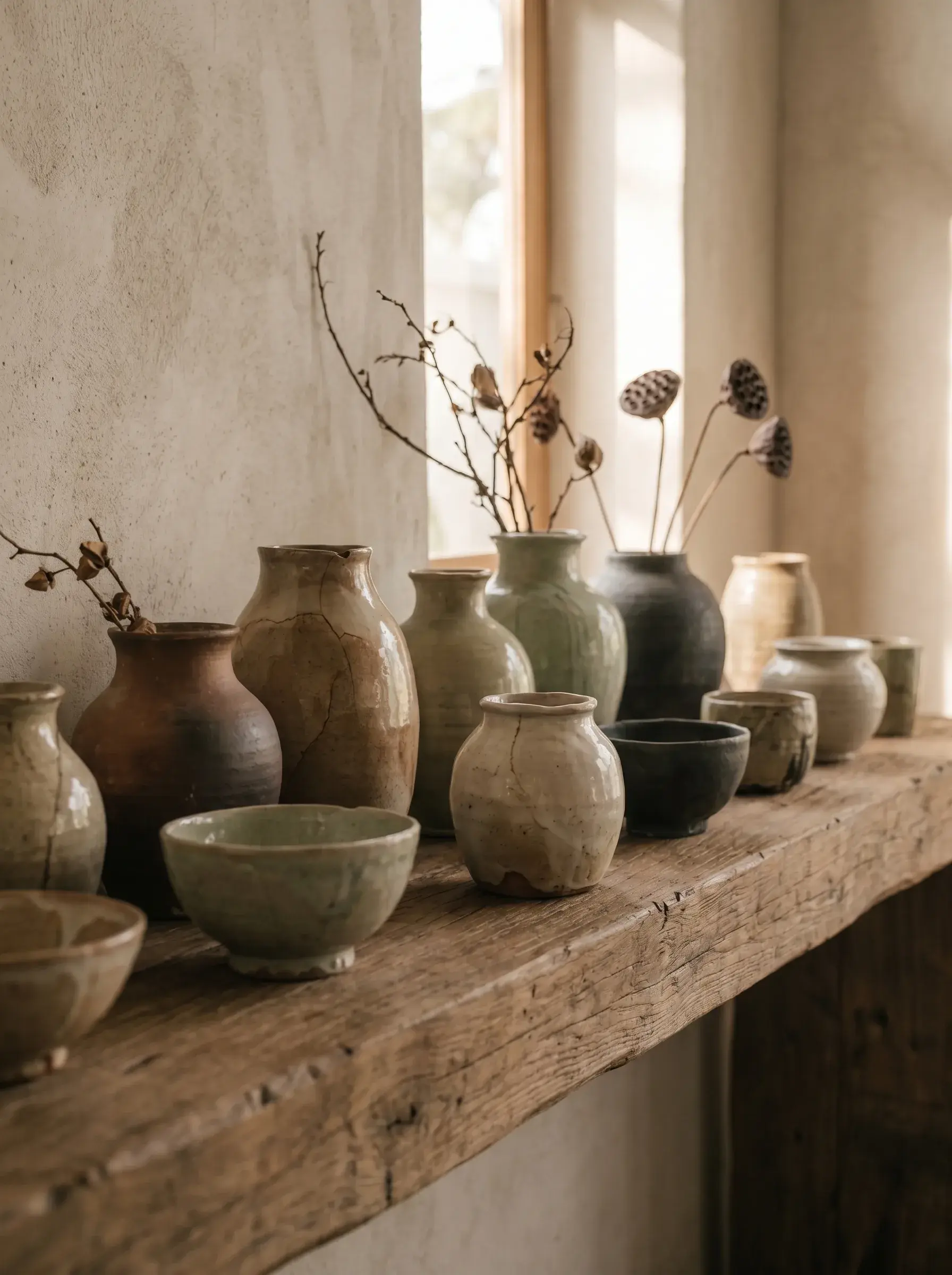 Collection de vases anciens et bouteilles en céramique alignés sur étagère