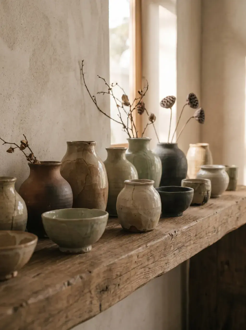 Collection de vases anciens et bouteilles en céramique alignés sur étagère