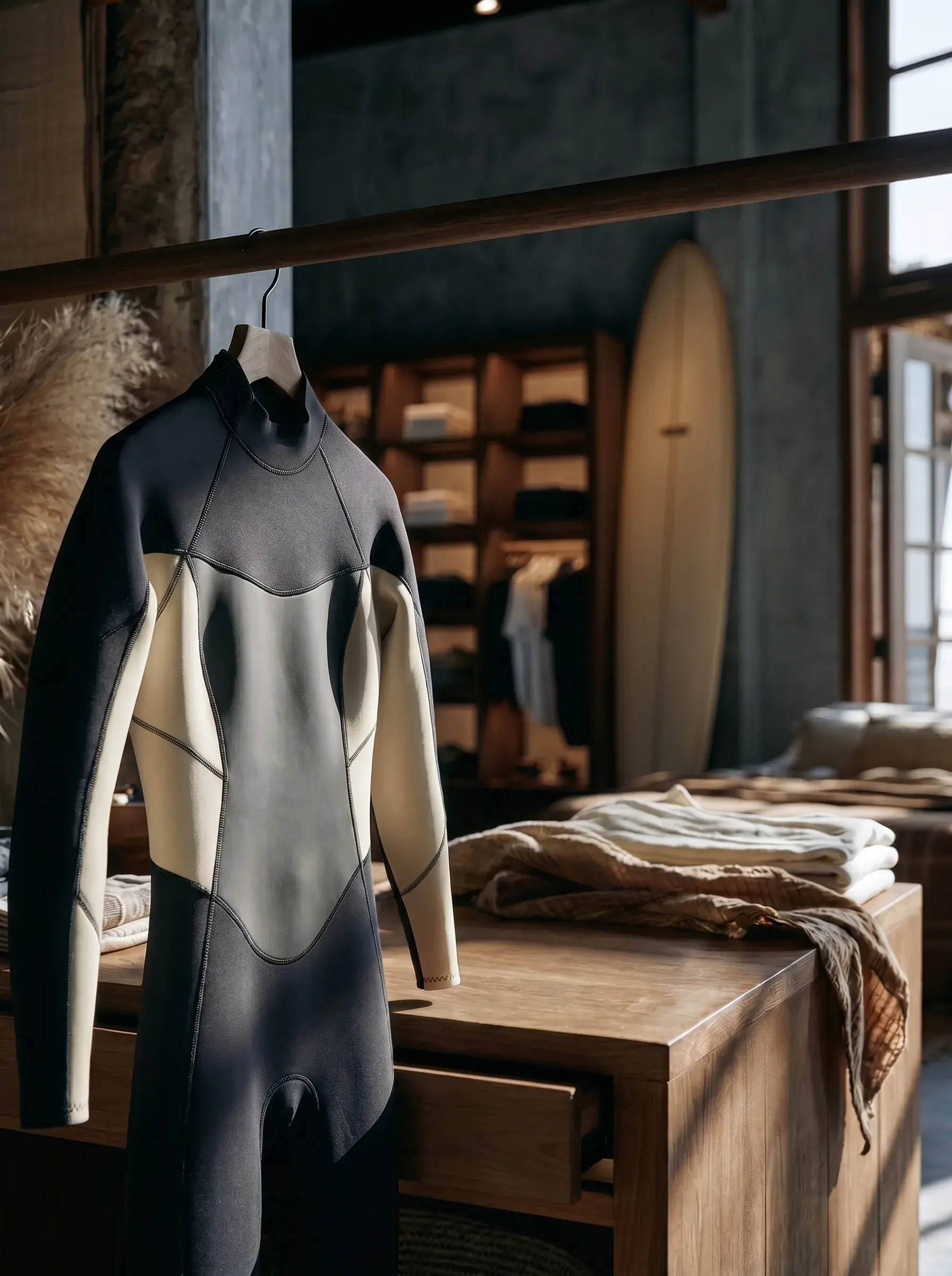 Combinaison de surf marine et beige dans une boutique lifestyle