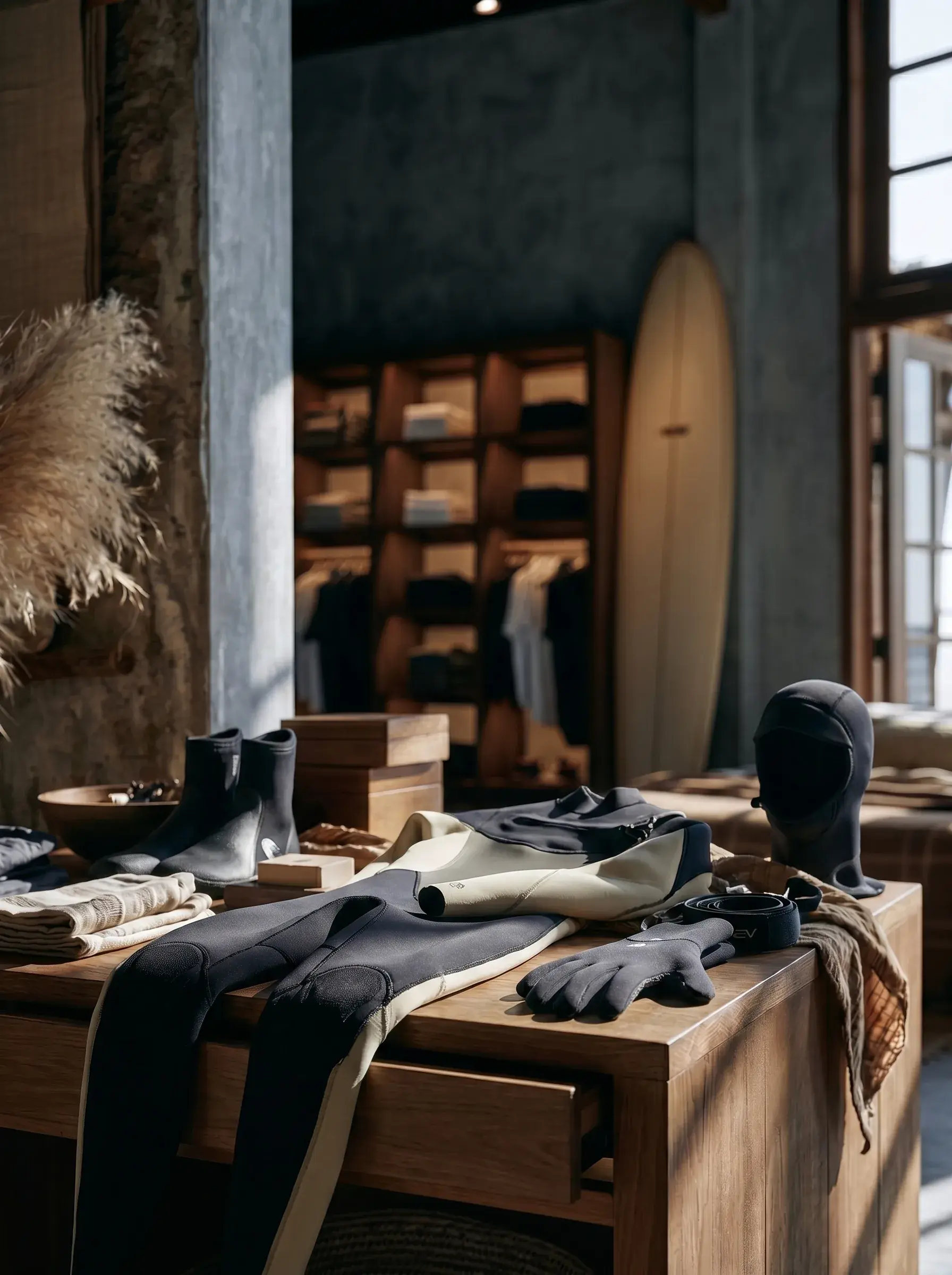 Combinaison et accessoires de surf disposés sur un comptoir