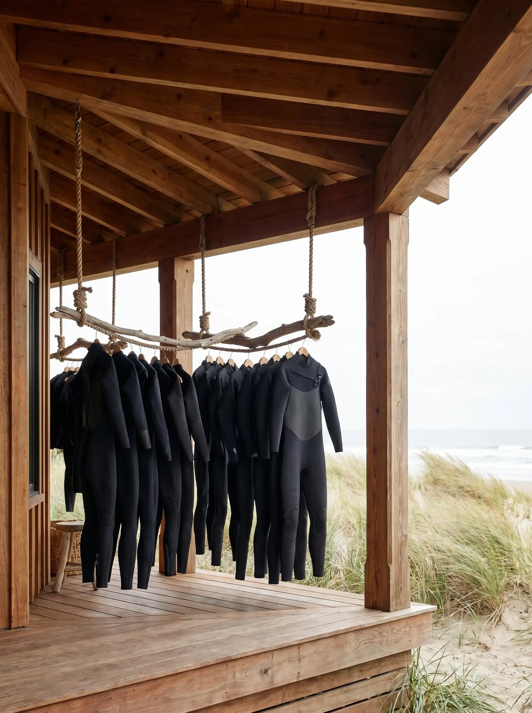 Combinaisons de surf noires suspendues sur bois flotté devant les dunes