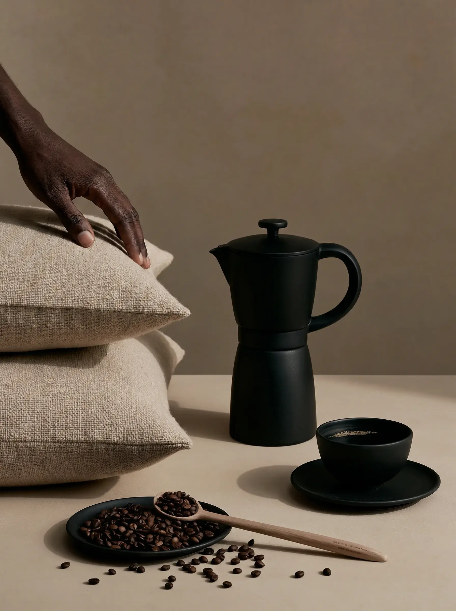 Composition coussins lin, cafetière moka et coupelle grains – main, fond beige, ambiance neutre