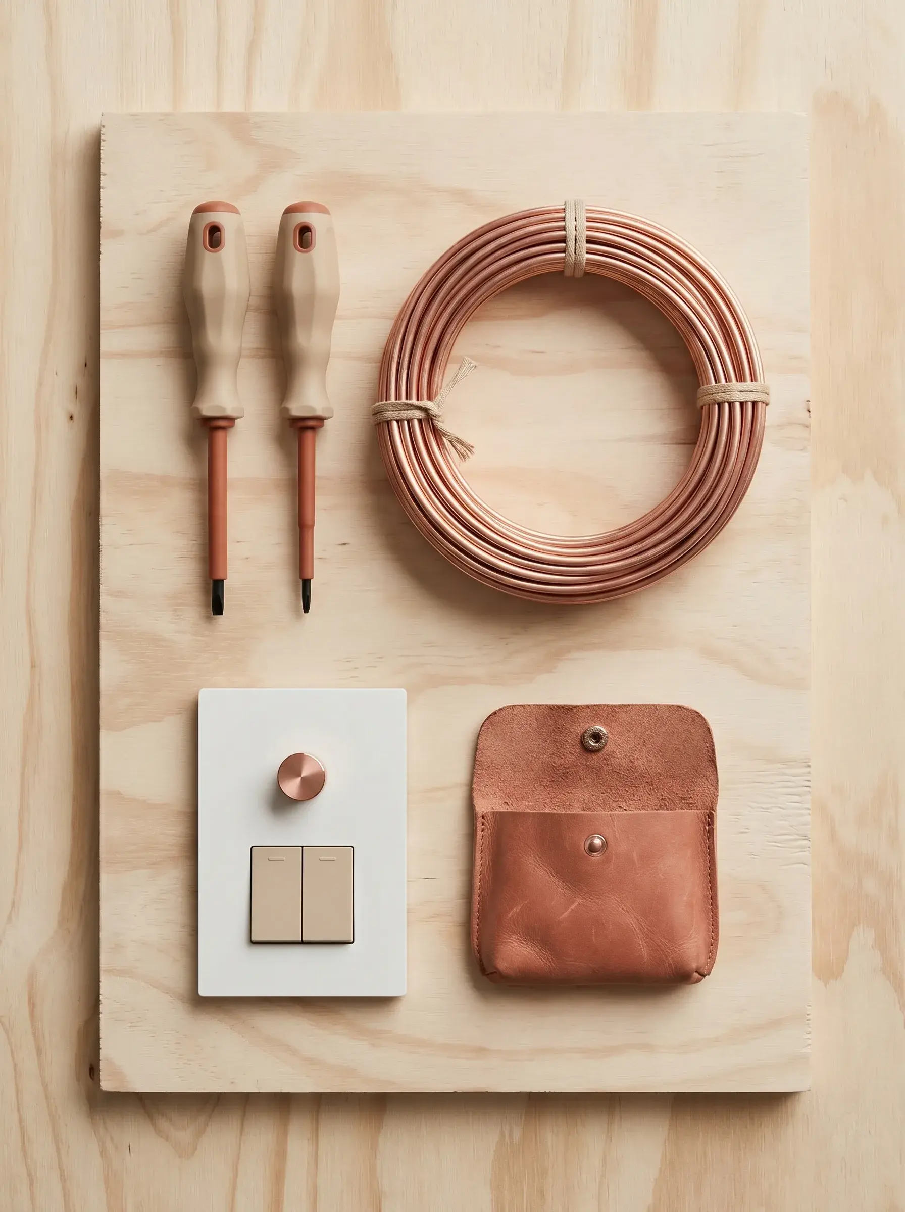 Composition d'outils électriques : tournevis isolés, bobine de cuivre, interrupteur et étui en cuir sur bois