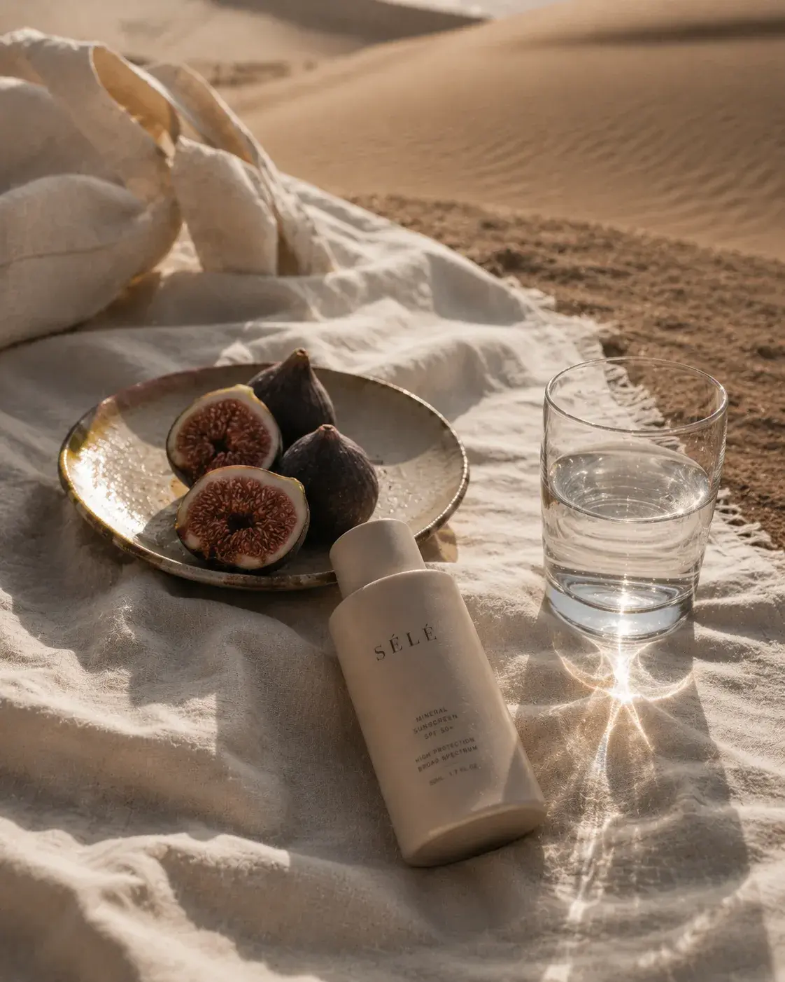 Composition dans les dunes – flacon soin, figues, plateau céramique, verre d'eau, linge blanc