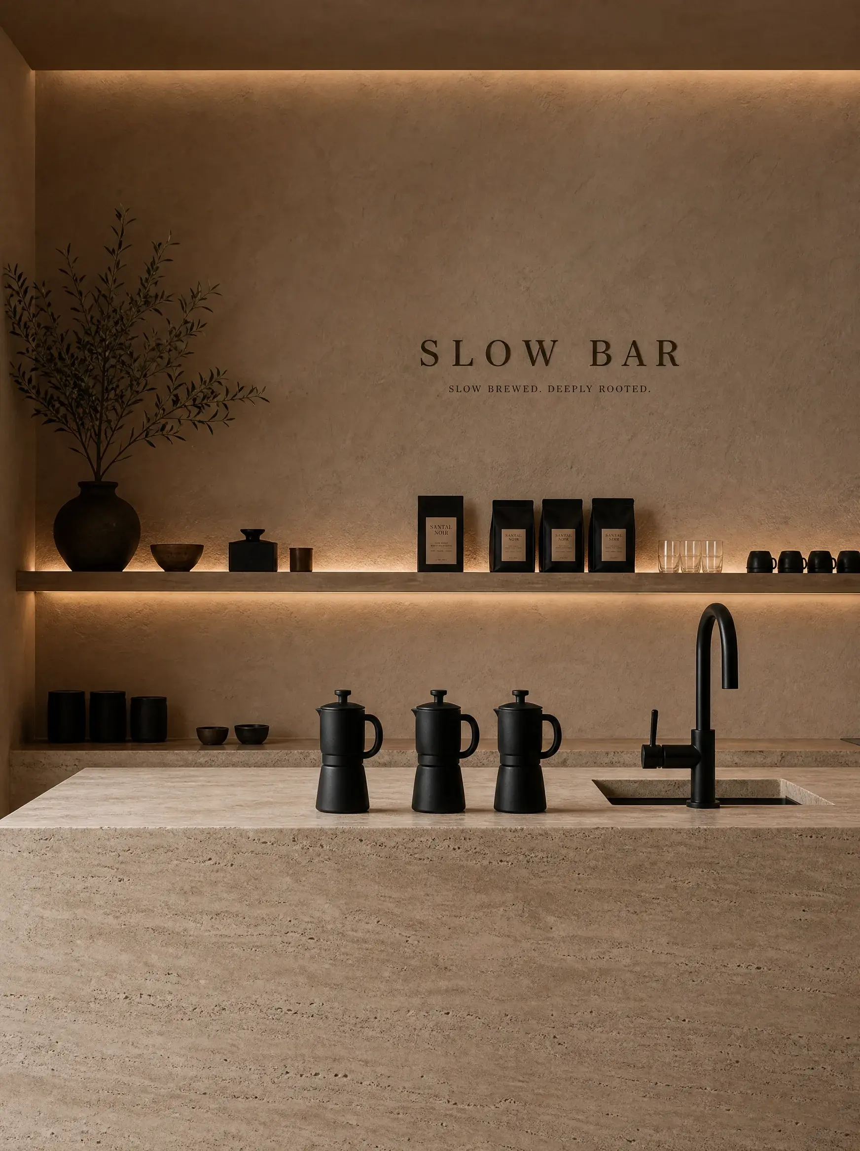 Comptoir bar café artisanal minimaliste – trois cafetières moka, robinet noir, étagère LED, plante