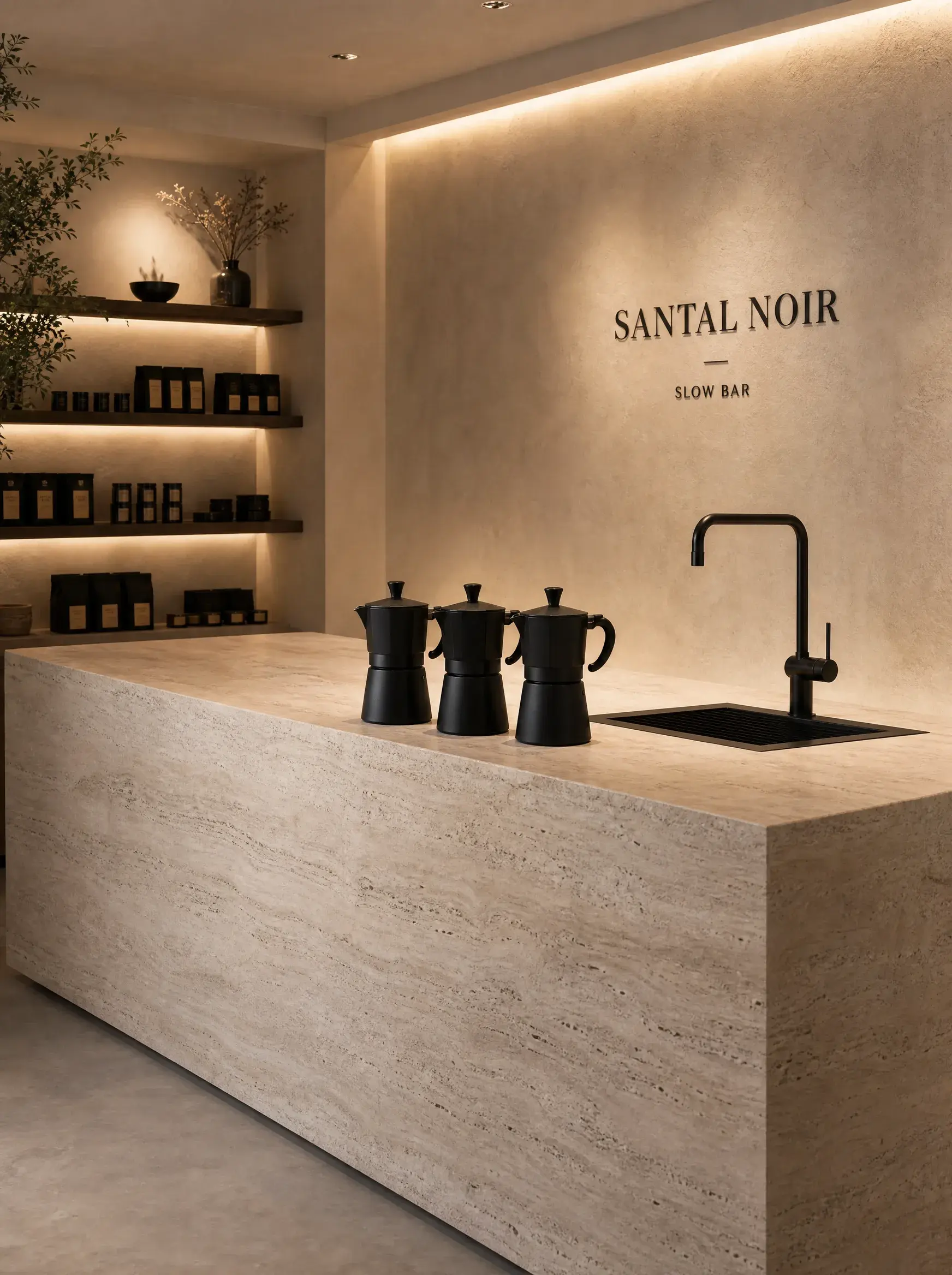 Comptoir boutique café artisanal – travertin, deux cafetières moka, robinet noir, étagère produits, LED